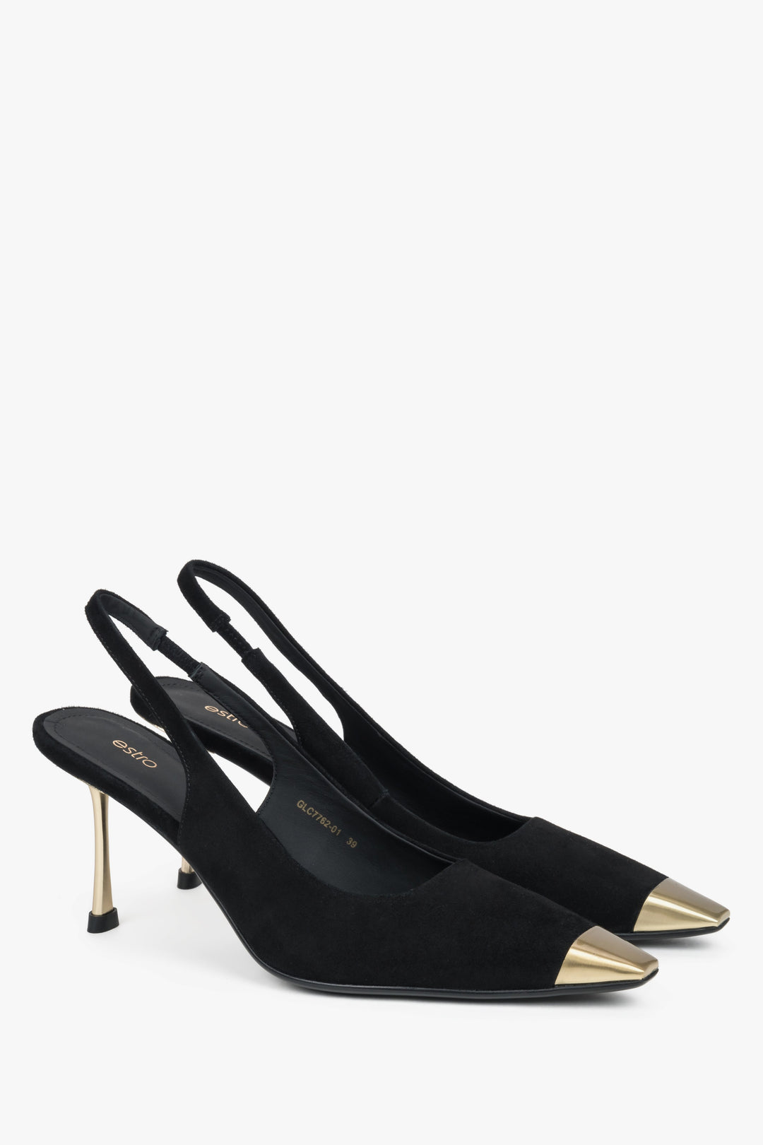 Damskie czarne welurowe czółenka typu slingback na szpilce ze złotymi detalami Estro.