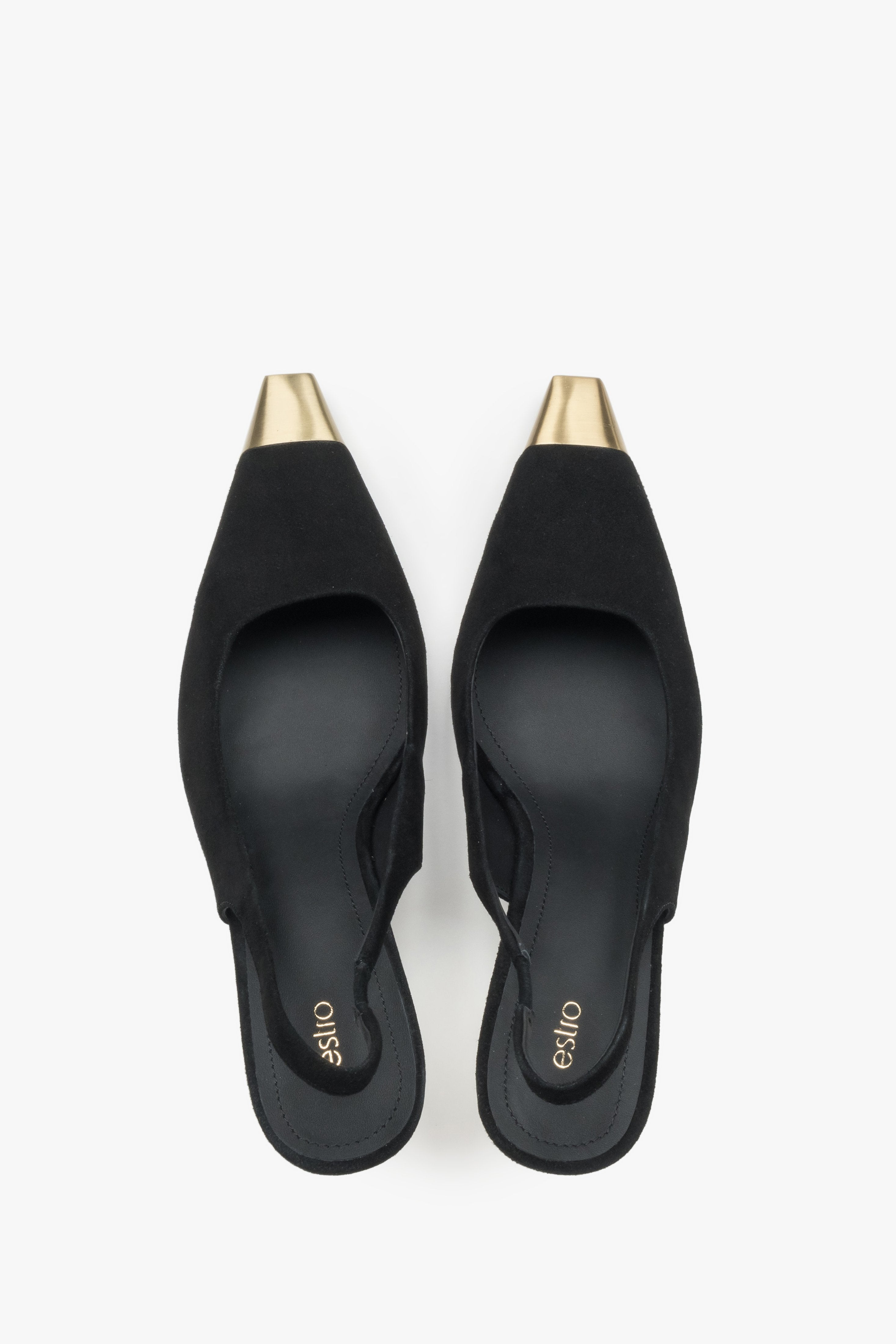 Czółenka damskie typu slingback, czarne, welurowe, na szpilce, ze złotymi detalami, Estro.