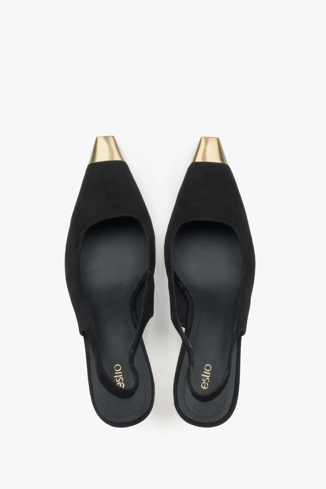 Czółenka damskie typu slingback, czarne, welurowe, na szpilce, ze złotymi detalami, Estro.