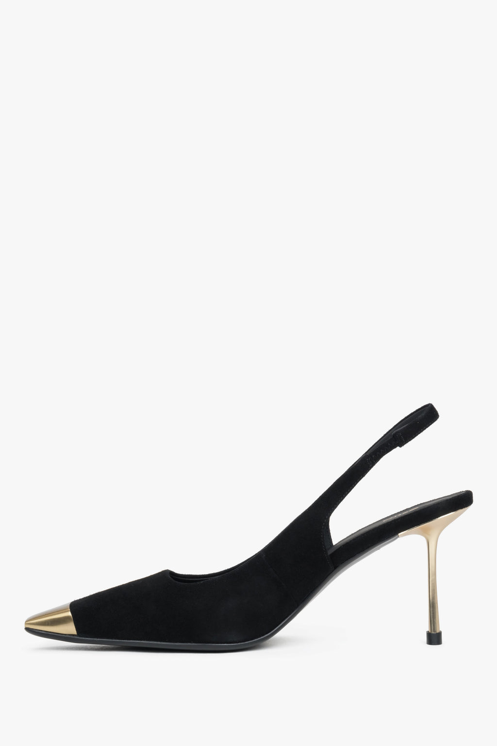 Czarne welurowe czółenka damskie Estro, na szpilce, typu slingback, ze złotymi detalami.
