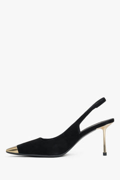 Czarne welurowe czółenka damskie Estro, na szpilce, typu slingback, ze złotymi detalami.