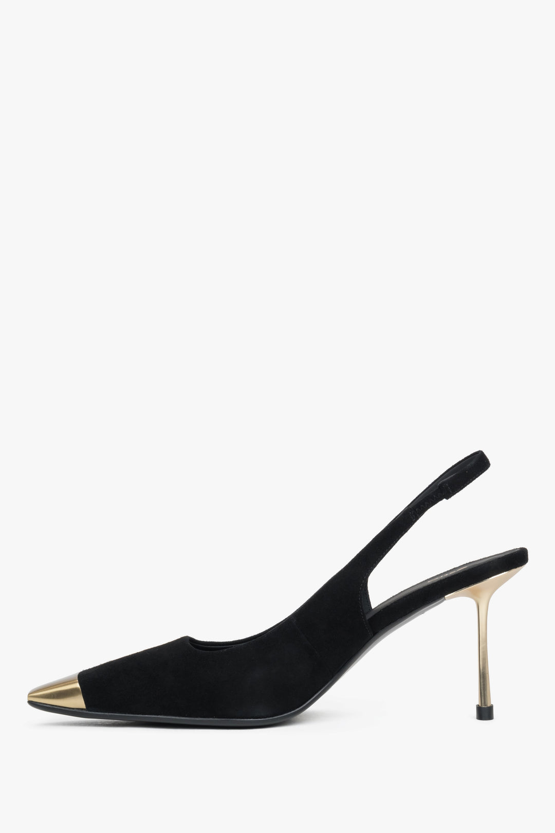 Czarne welurowe czółenka damskie Estro, na szpilce, typu slingback, ze złotymi detalami.