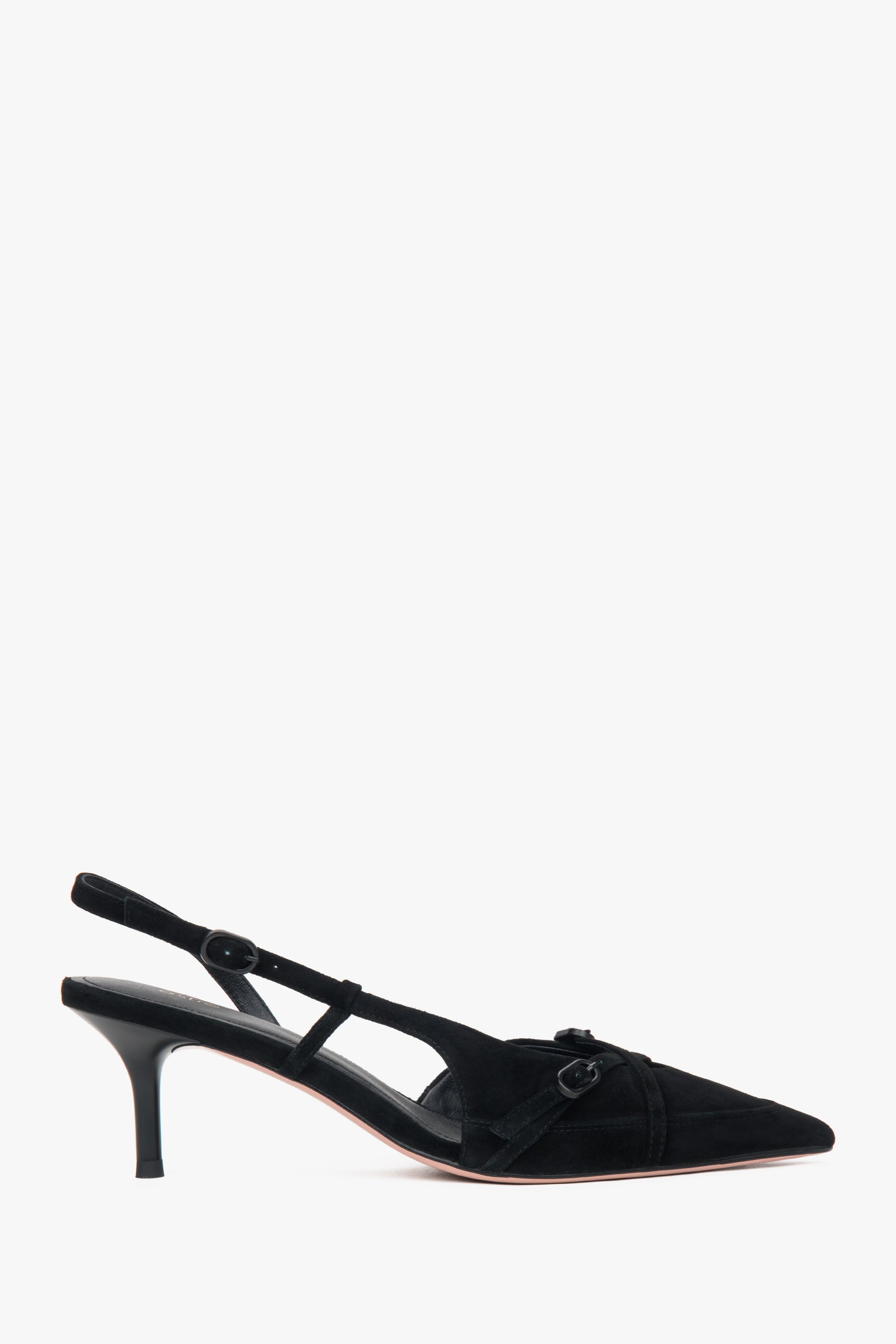 Czarne welurowe czółenka typu slingback na niskim obcasie Estro ER00117176.