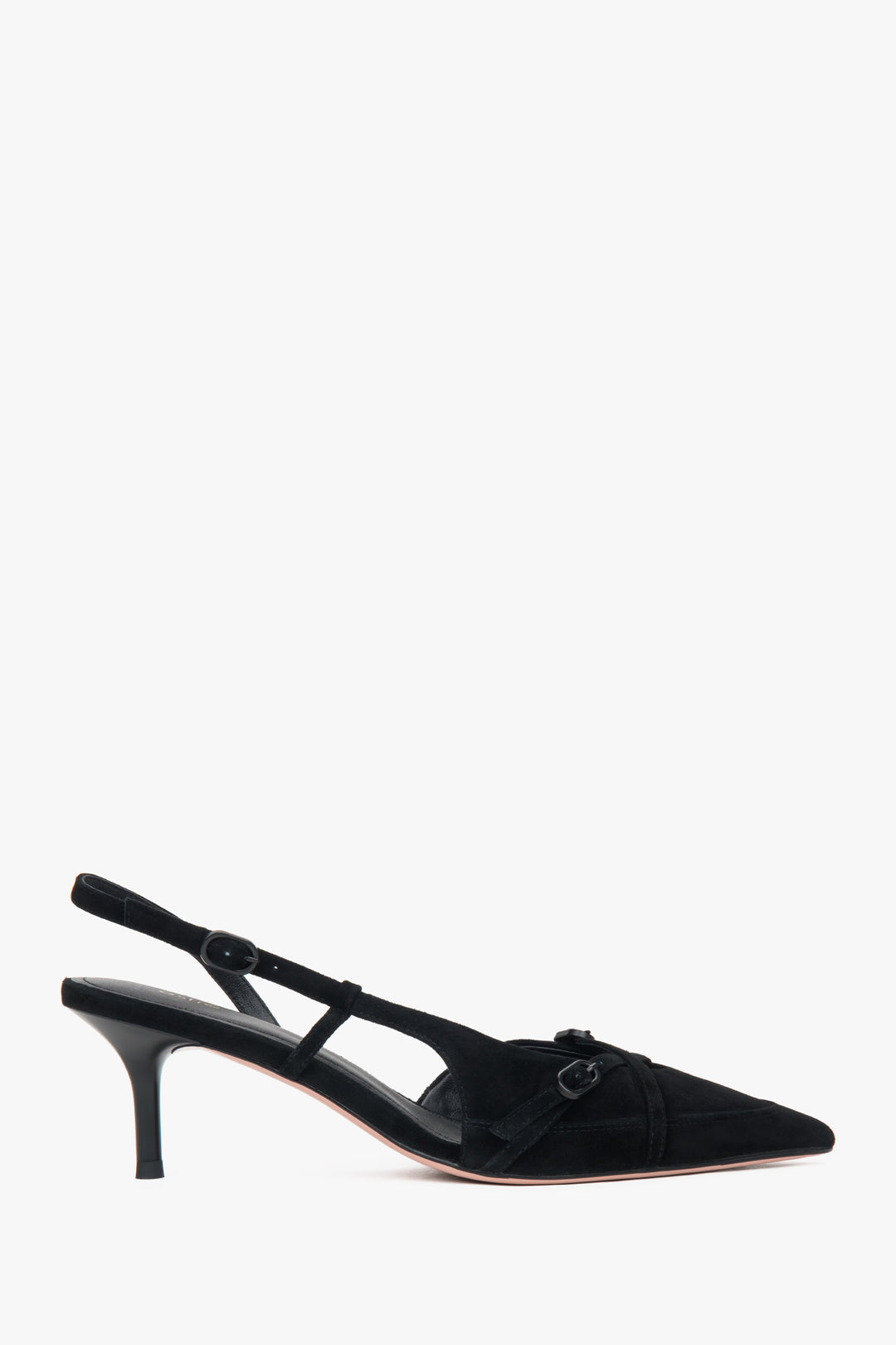 Czarne welurowe czółenka typu slingback na niskim obcasie Estro ER00117176.
