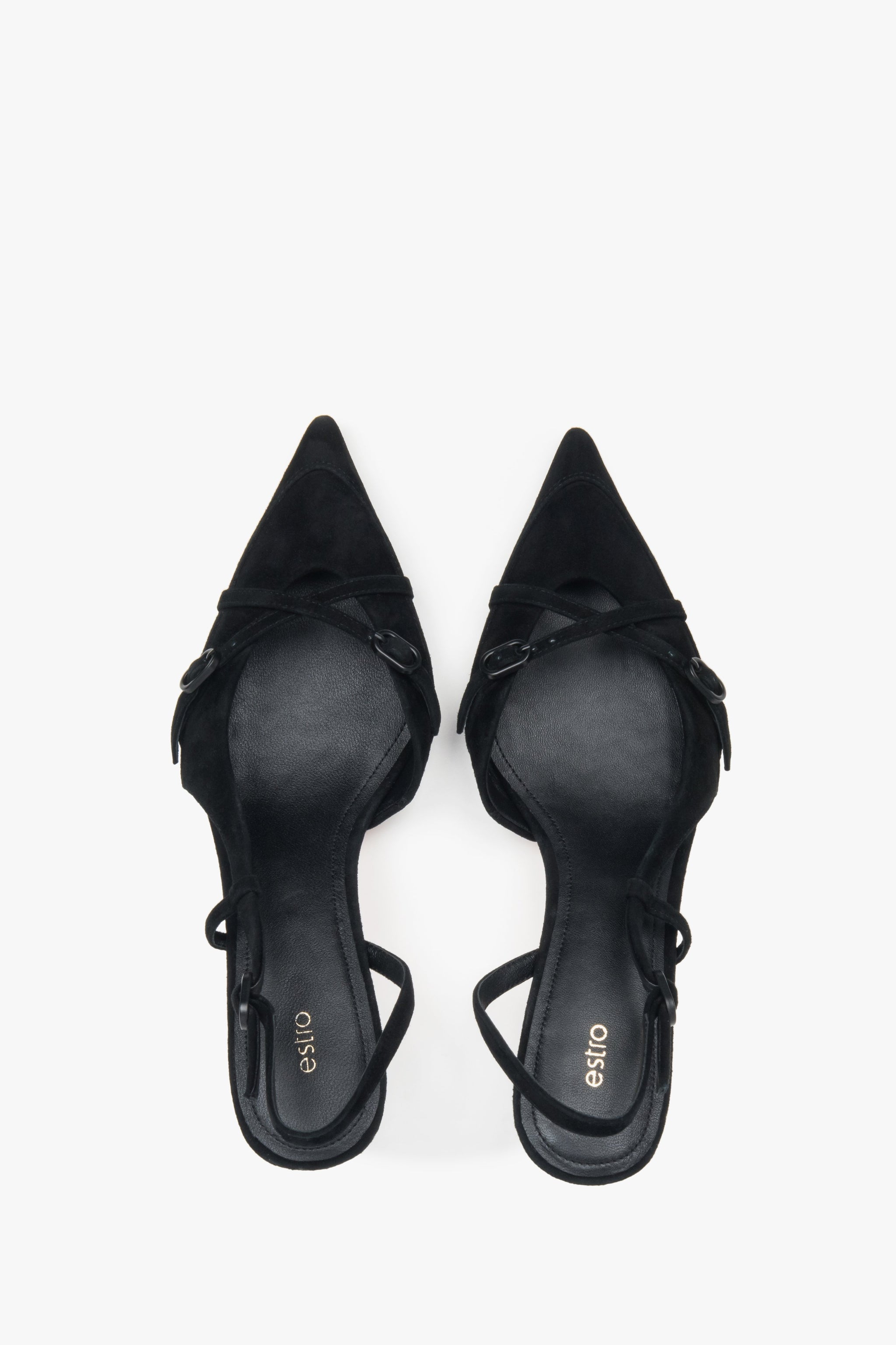 Eleganckie czarne czółenka typu slingback z weluru – Estro.