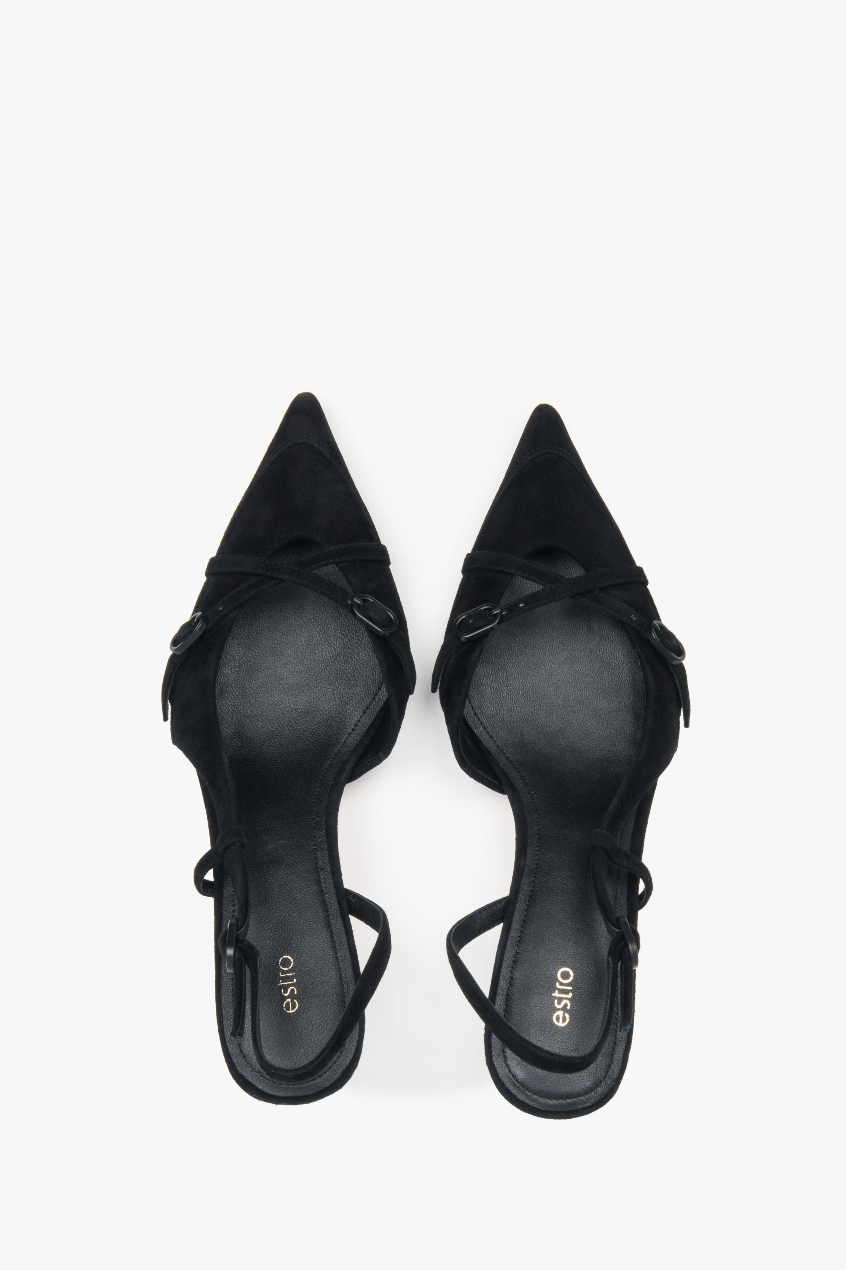 Eleganckie czarne czółenka typu slingback z weluru – Estro.