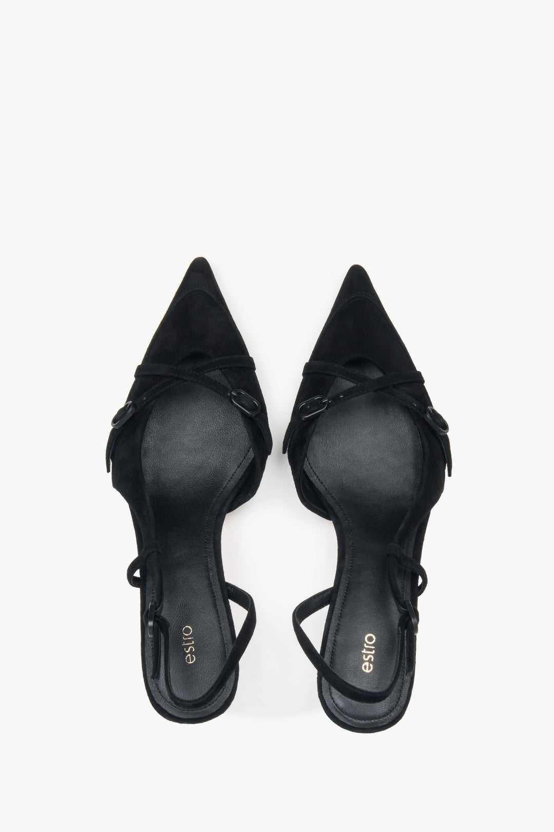 Eleganckie czarne czółenka typu slingback z weluru – Estro.