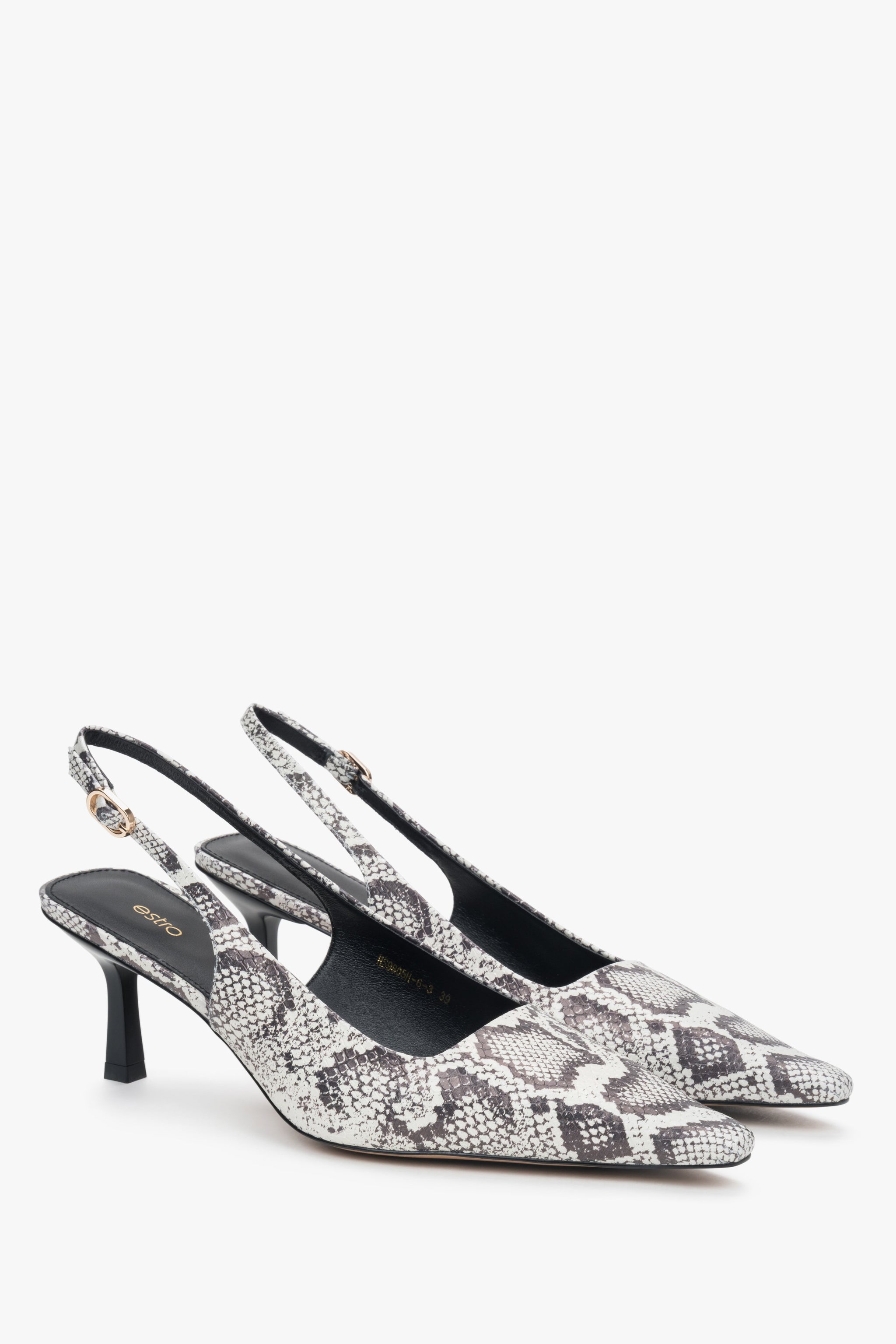 Czarno-szare damskie czółenka ze skóry naturalnej typu slingback od Estro.​