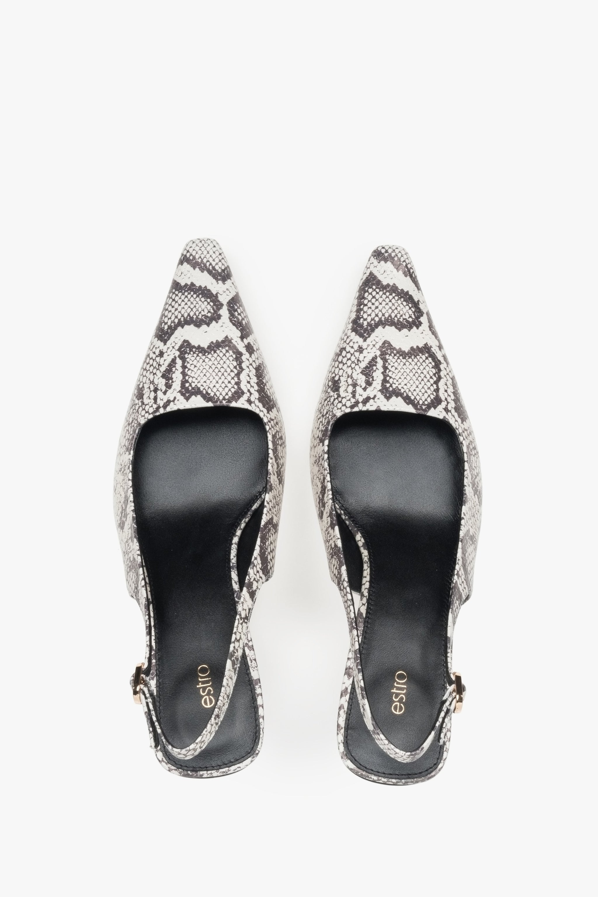 Eleganckie czarno-szare czółenka damskie na niskim obcasie typu slingback wykonane ze skóry naturalnej przez Estro.​