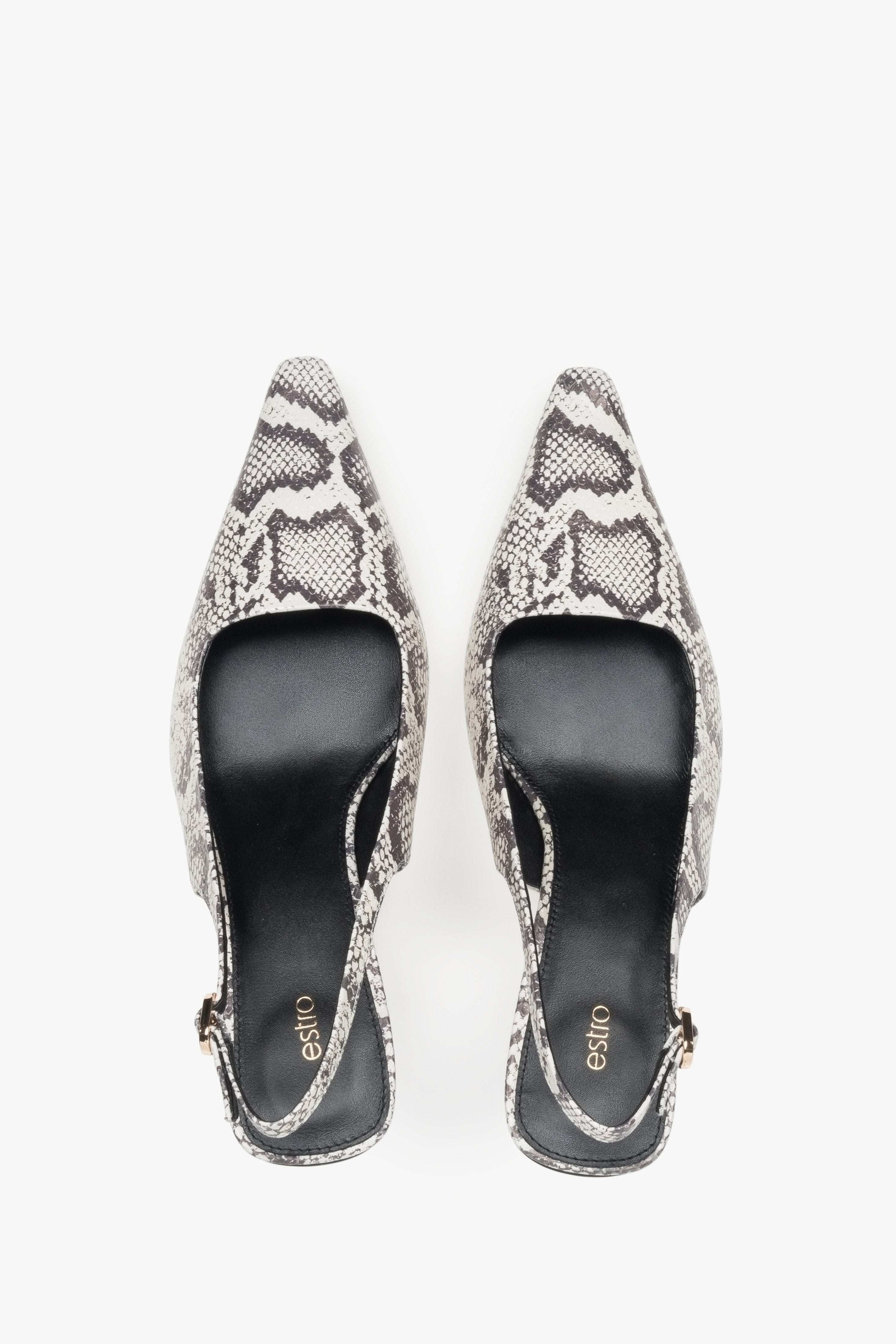 Eleganckie czarno-szare czółenka damskie na niskim obcasie typu slingback wykonane ze skóry naturalnej przez Estro.​