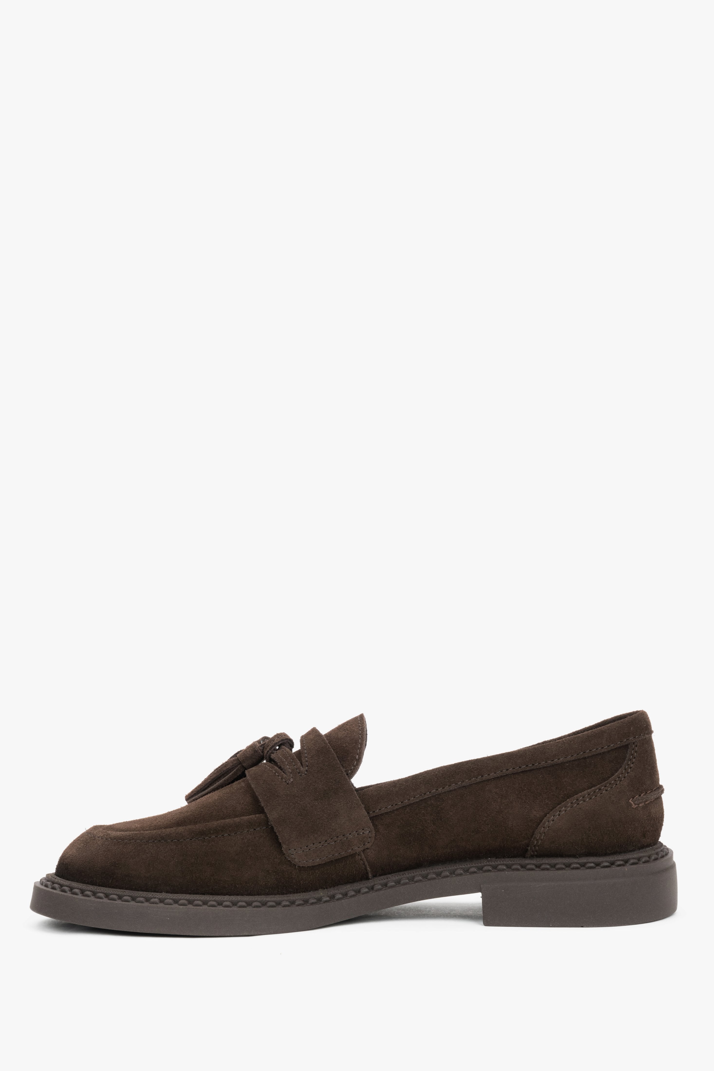 Loafersy damskie z chwostem, czekoladowe, z włoskiego weluru naturalnego Premium, Estro.