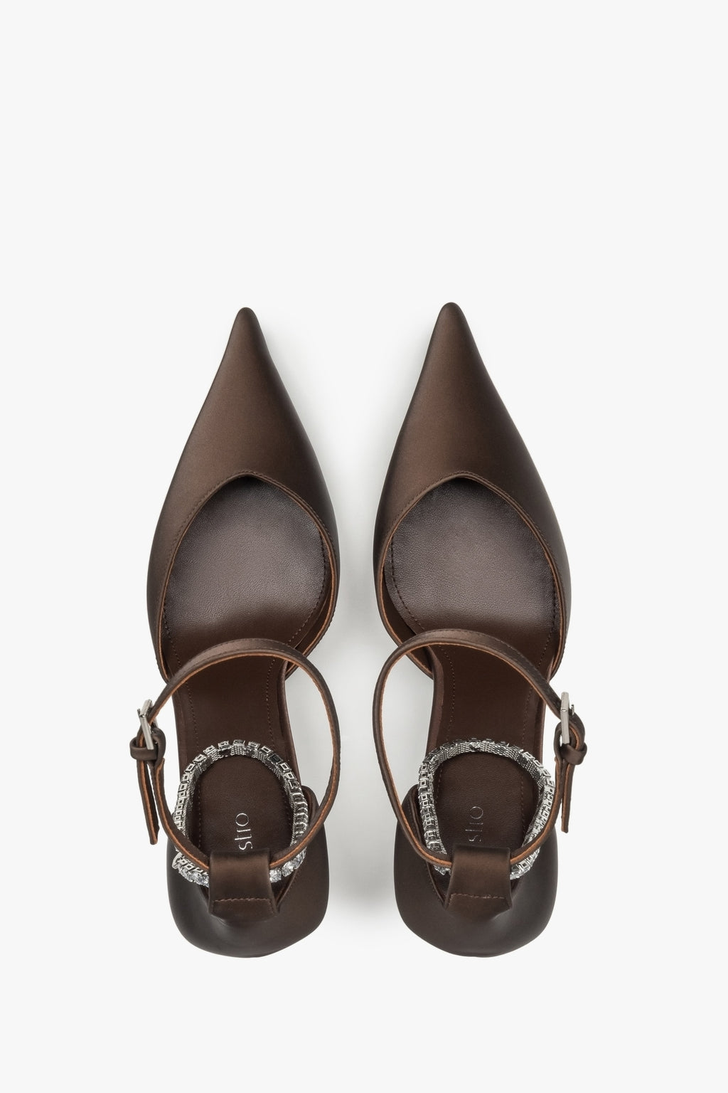 Ciemnobrązowe czółenka marki Estro, o fasonie slingback, z wysmuklającym, wysokim obcasem - prezentacja z góry.