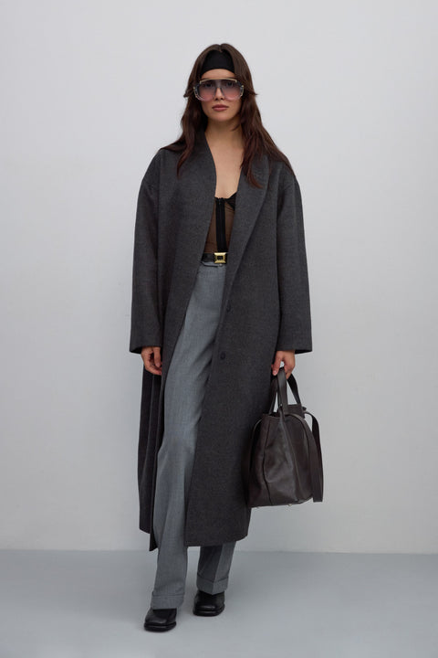 Damski długi, ciemnoszary płaszcz wiązany w pasie z wełny wielbłądziej i kaszmiru, Estro ER00117913.