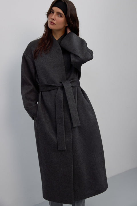 Płaszcz damski, długi, ciemnoszary, wiązany w pasie, z wełny wielbłądziej i kaszmiru, Estro ER00117913.
