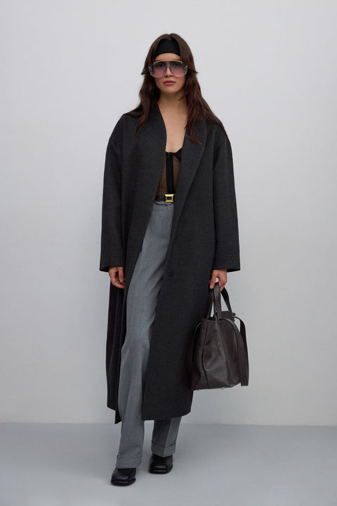 Ciemnoszary płaszcz z paskiem w talii Estro ER00117913