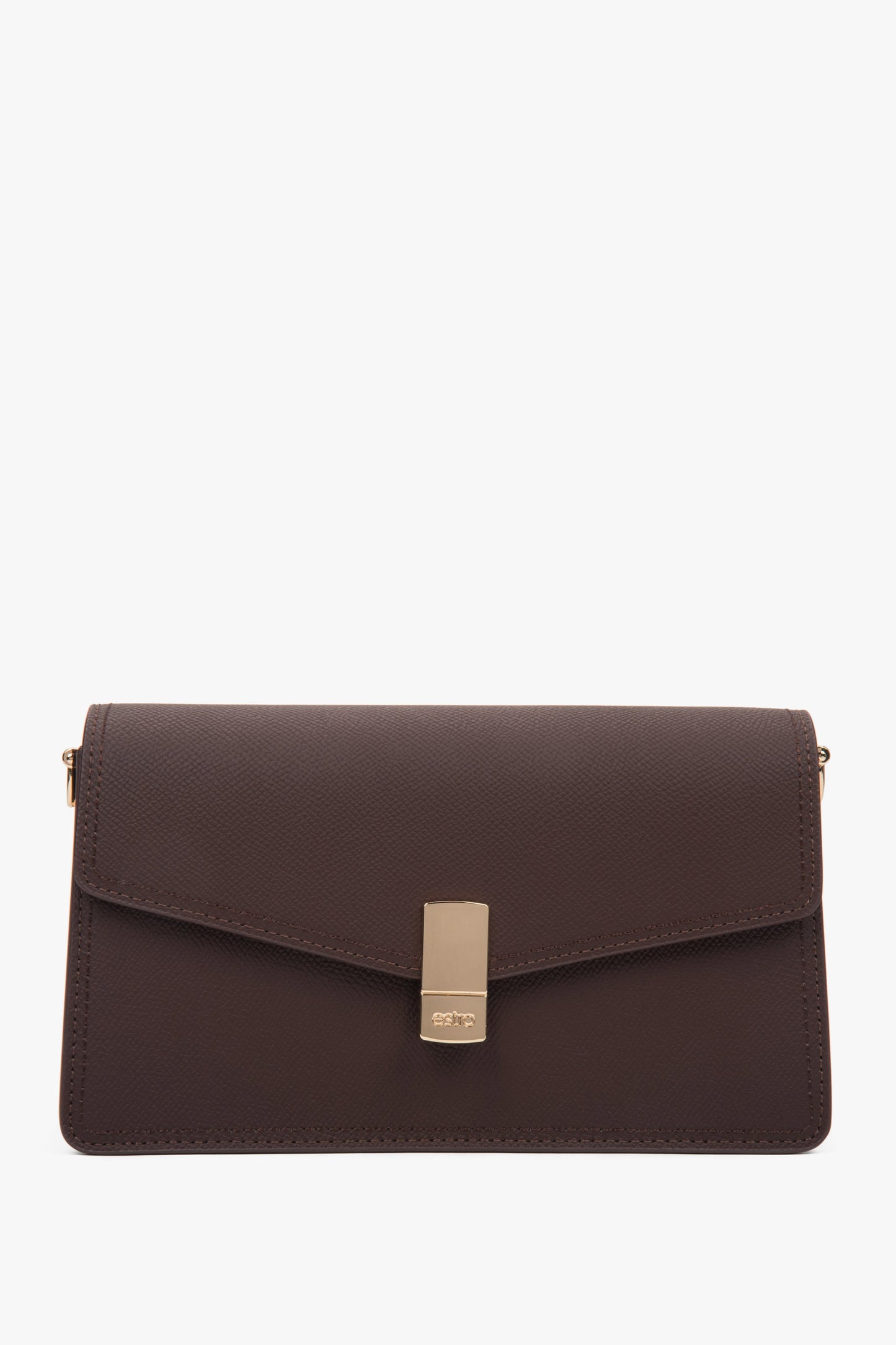 Elegancka, ciemnobrązowa torebka damska na ramię ze złotymi detalami.