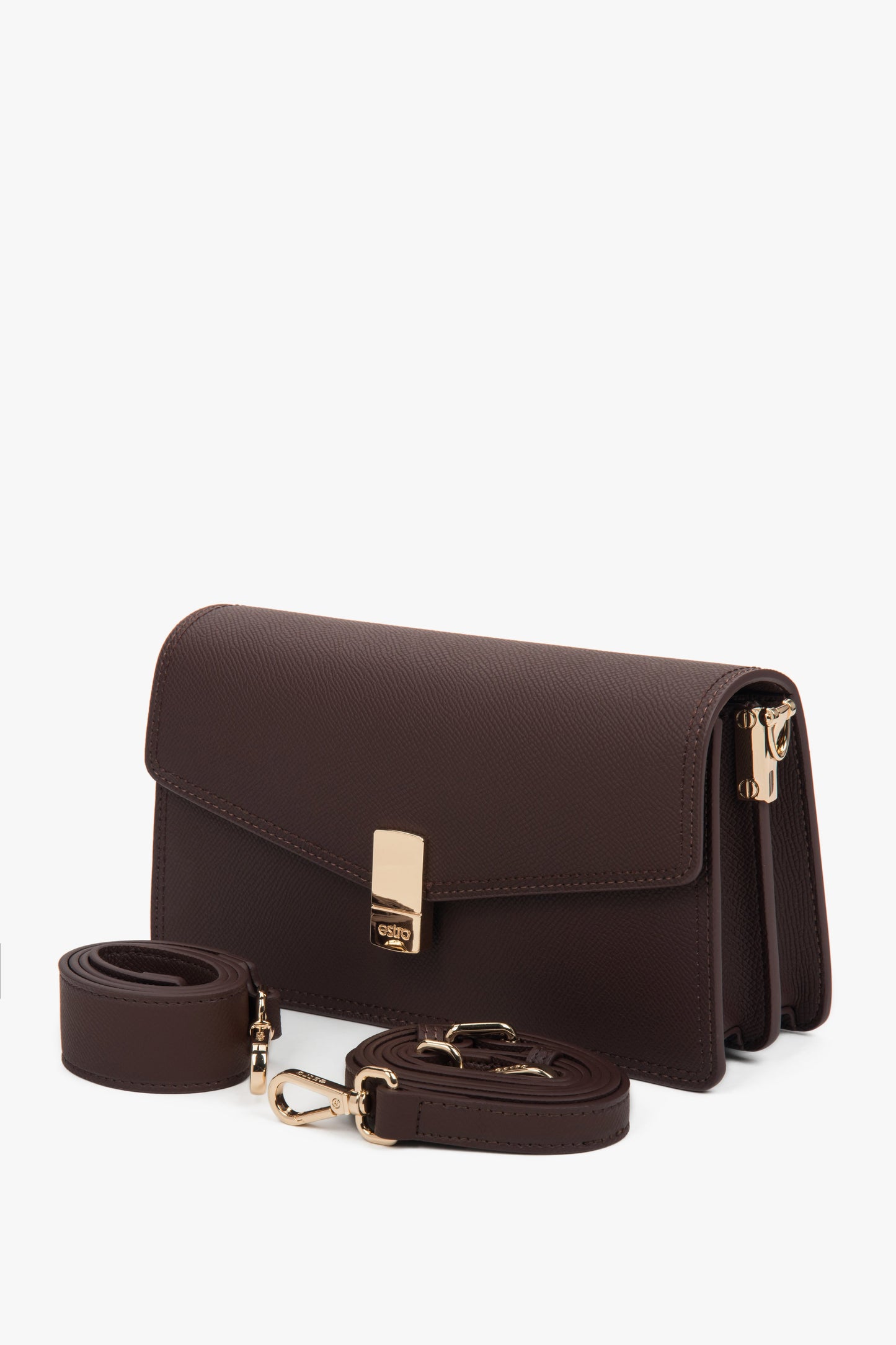 Damska, elegancka, ciemnobrązowa torebka na ramię ze złotymi detalami Estro.