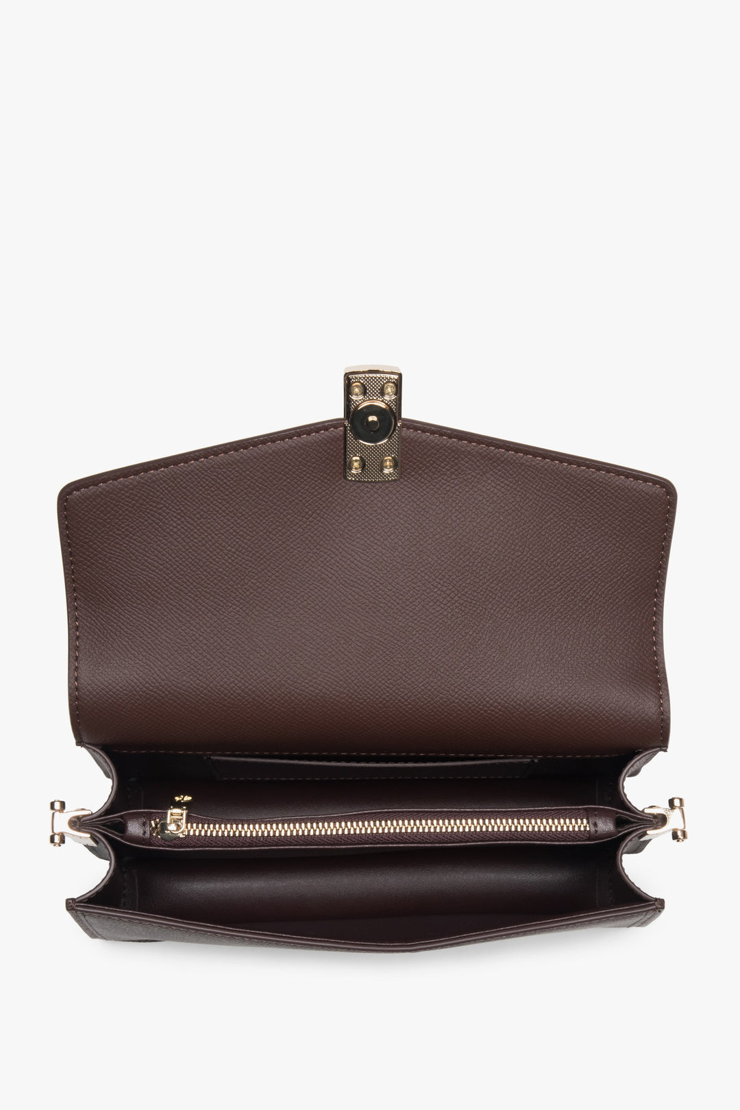Torebka damska na ramię, elegancka, ciemnobrązowa, ze złotymi detalami, Estro.