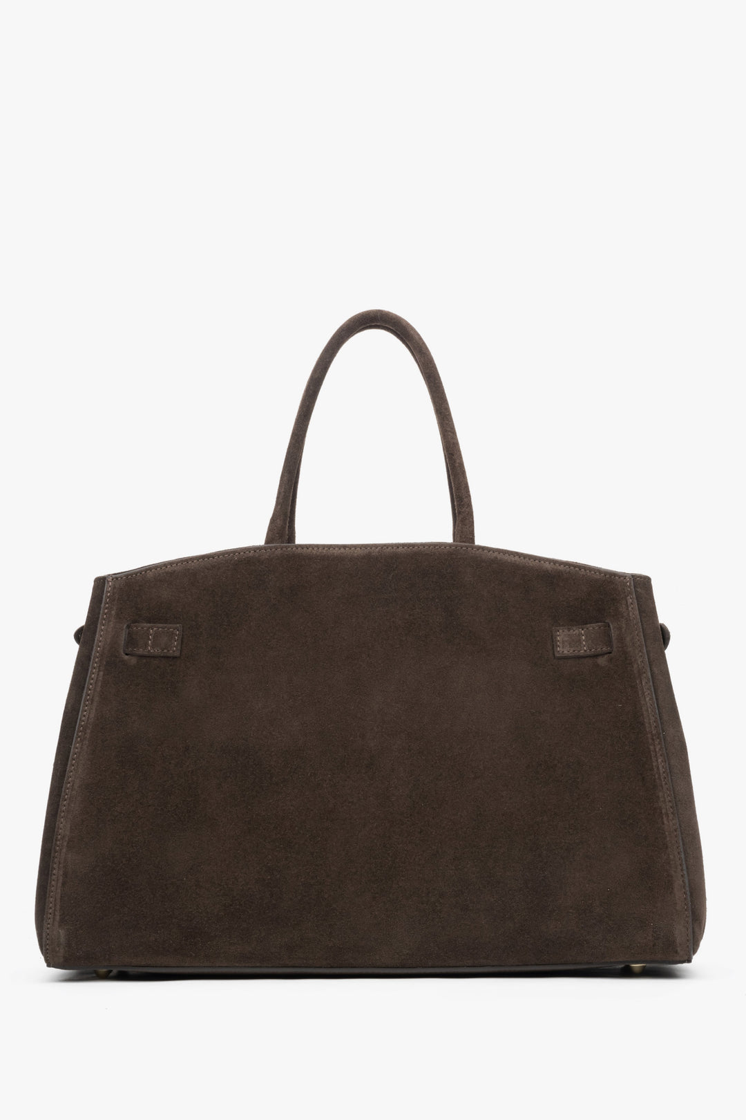Elegancka ciemnobrązowa torebka typu tote z włoskiego weluru naturalnego Premium - wygląd z tyłu torebki.