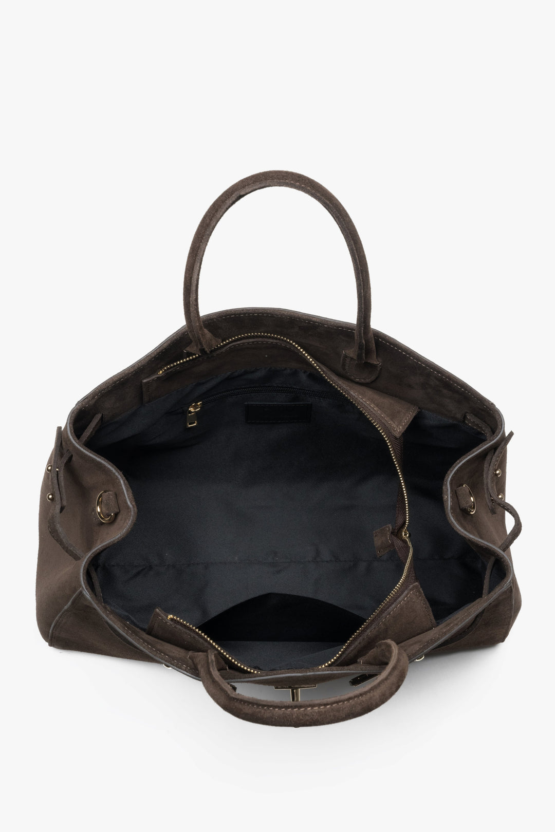 Elegancka ciemnobrązowa torebka typu tote z włoskiego weluru naturalnego Premium - wygląd z góry.