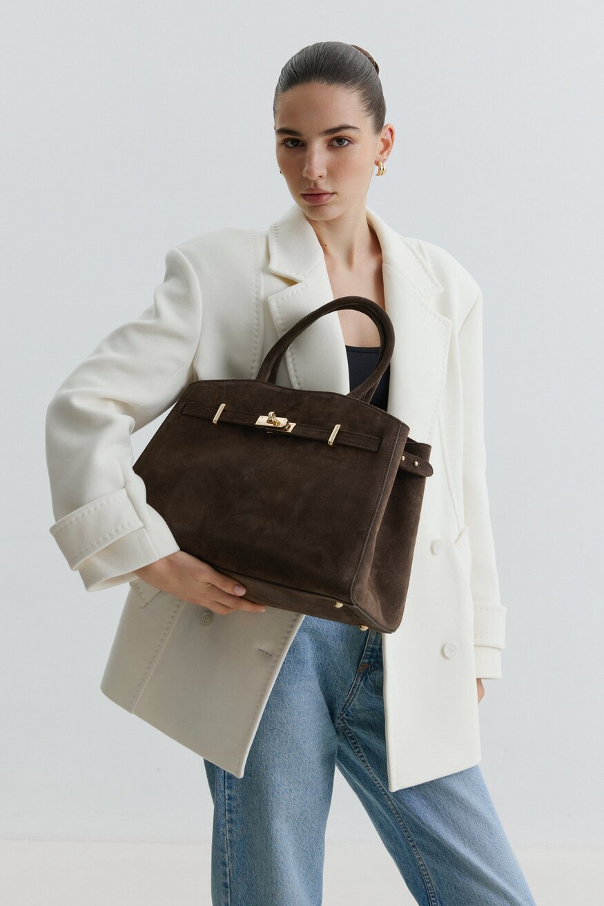 Elegancka ciemnobrązowa torebka typu tote z włoskiego weluru naturalnego Premium Estro ER00118154