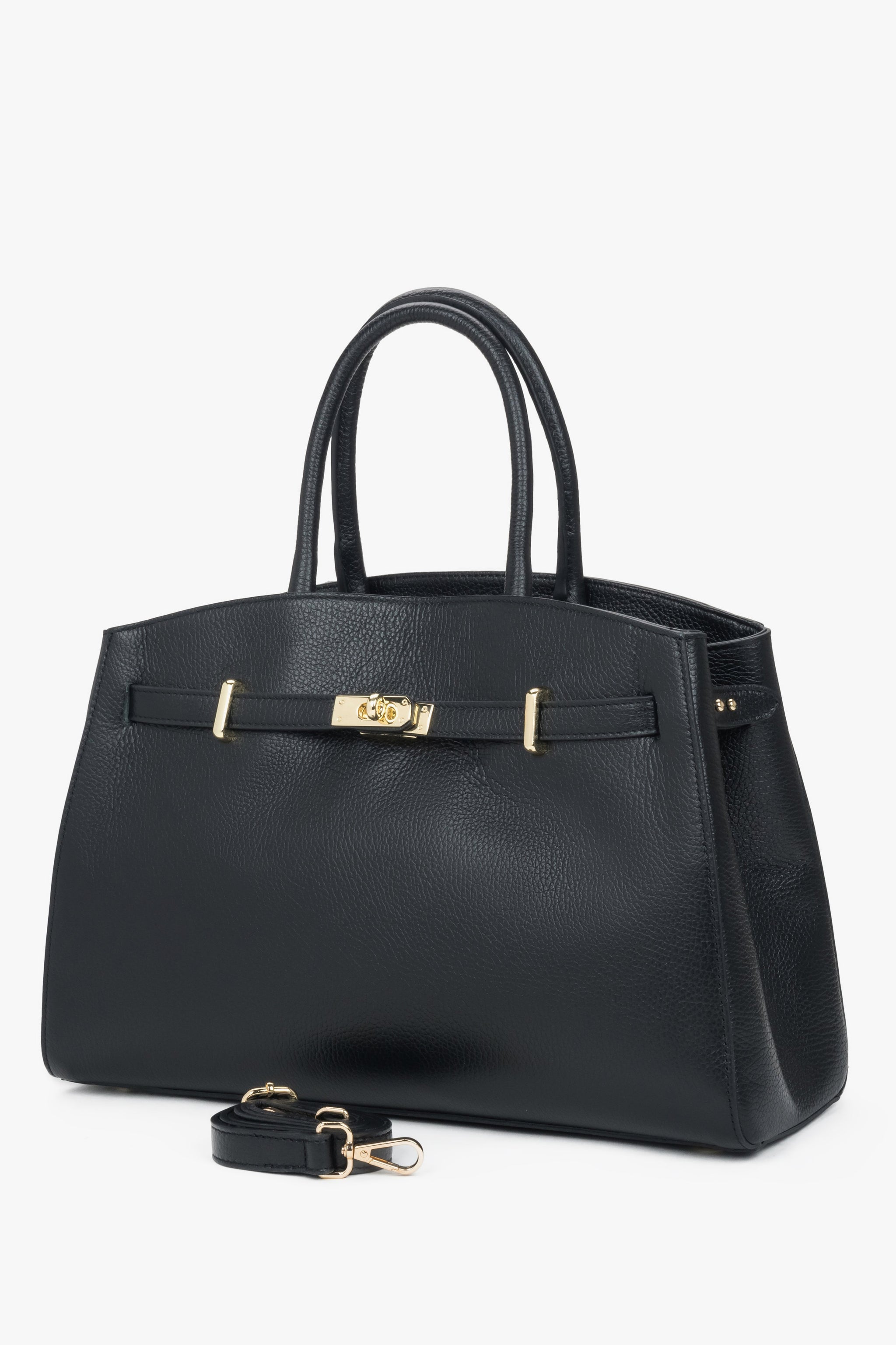 Z włoskiej skóry naturalnej Premium, elegancka, czarna torebka typu tote, Estro.