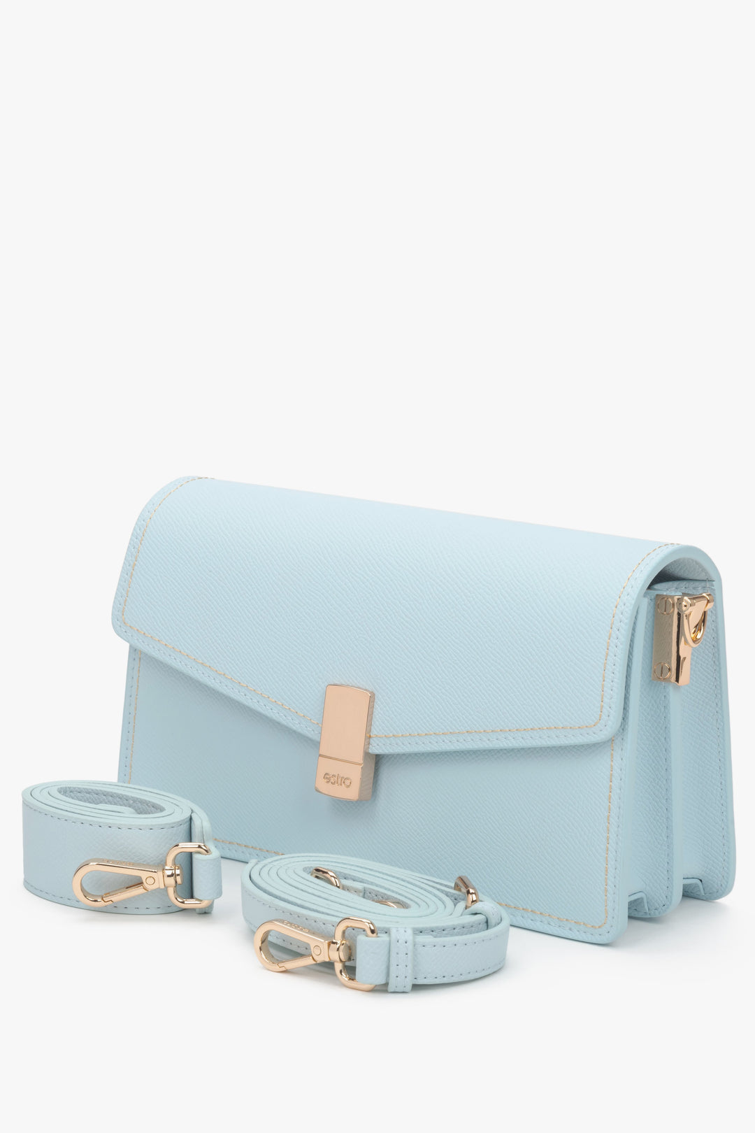 Torebka damska na ramię, elegancka, jasnoniebieska, ze złotymi detalami, Estro.