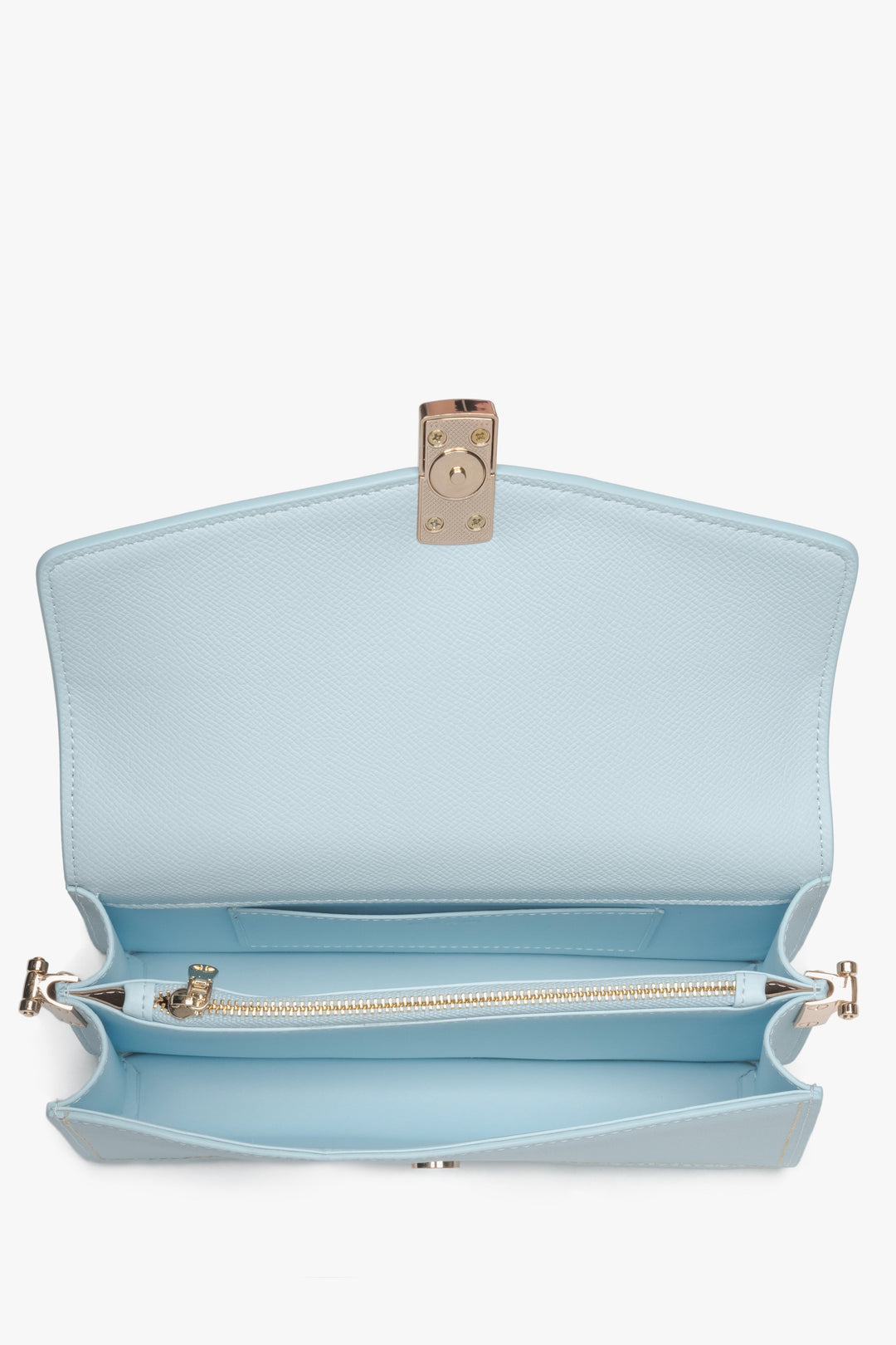 Ze złotymi detalami, elegancka jasnoniebieska torebka damska na ramię Estro.
