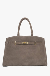 Elegancka torebka typu tote, szarobeżowa, z włoskiego weluru naturalnego Premium, Estro.