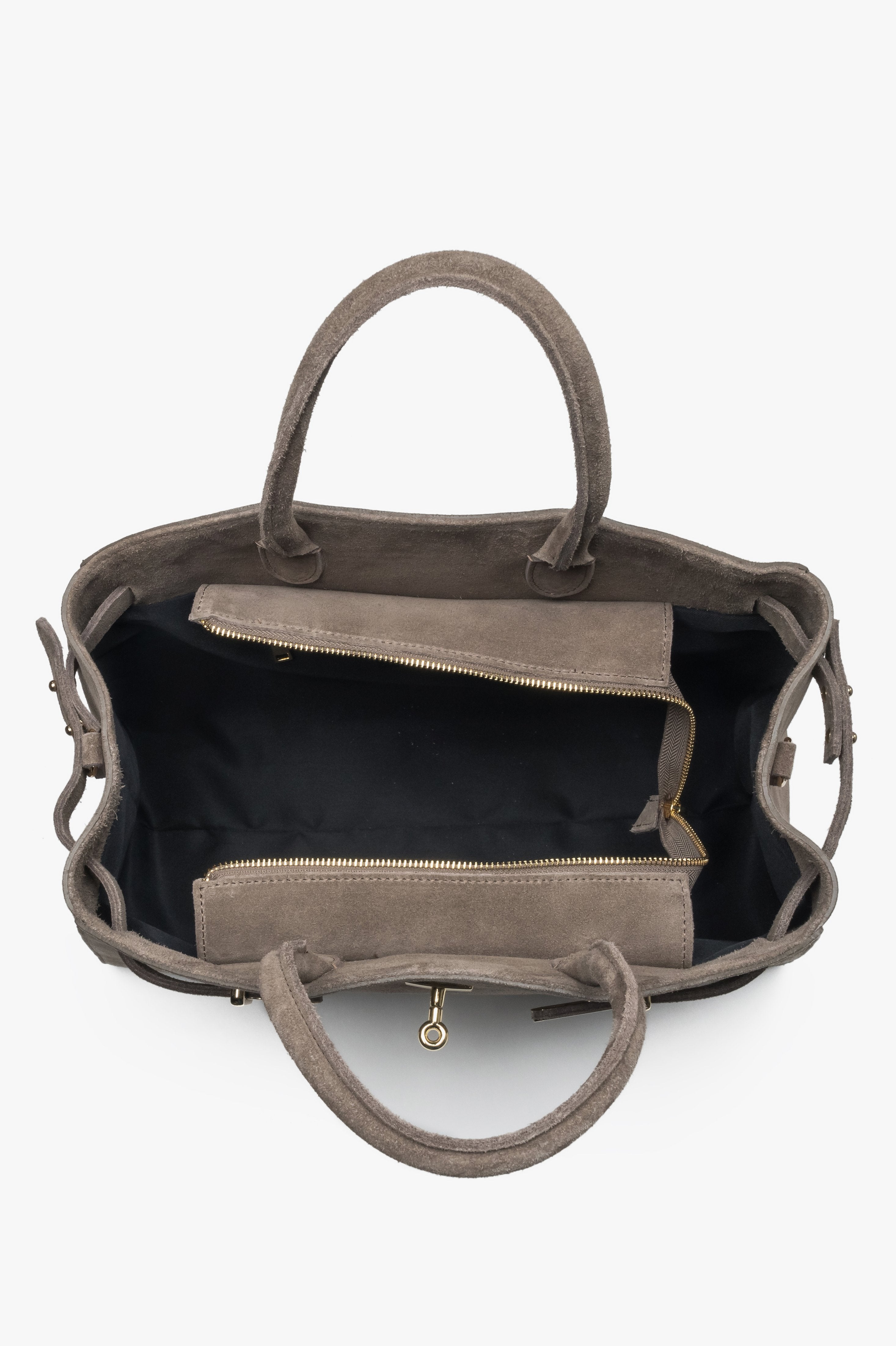 Z włoskiego weluru naturalnego Premium, elegancka, szarobeżowa torebka typu tote Estro.