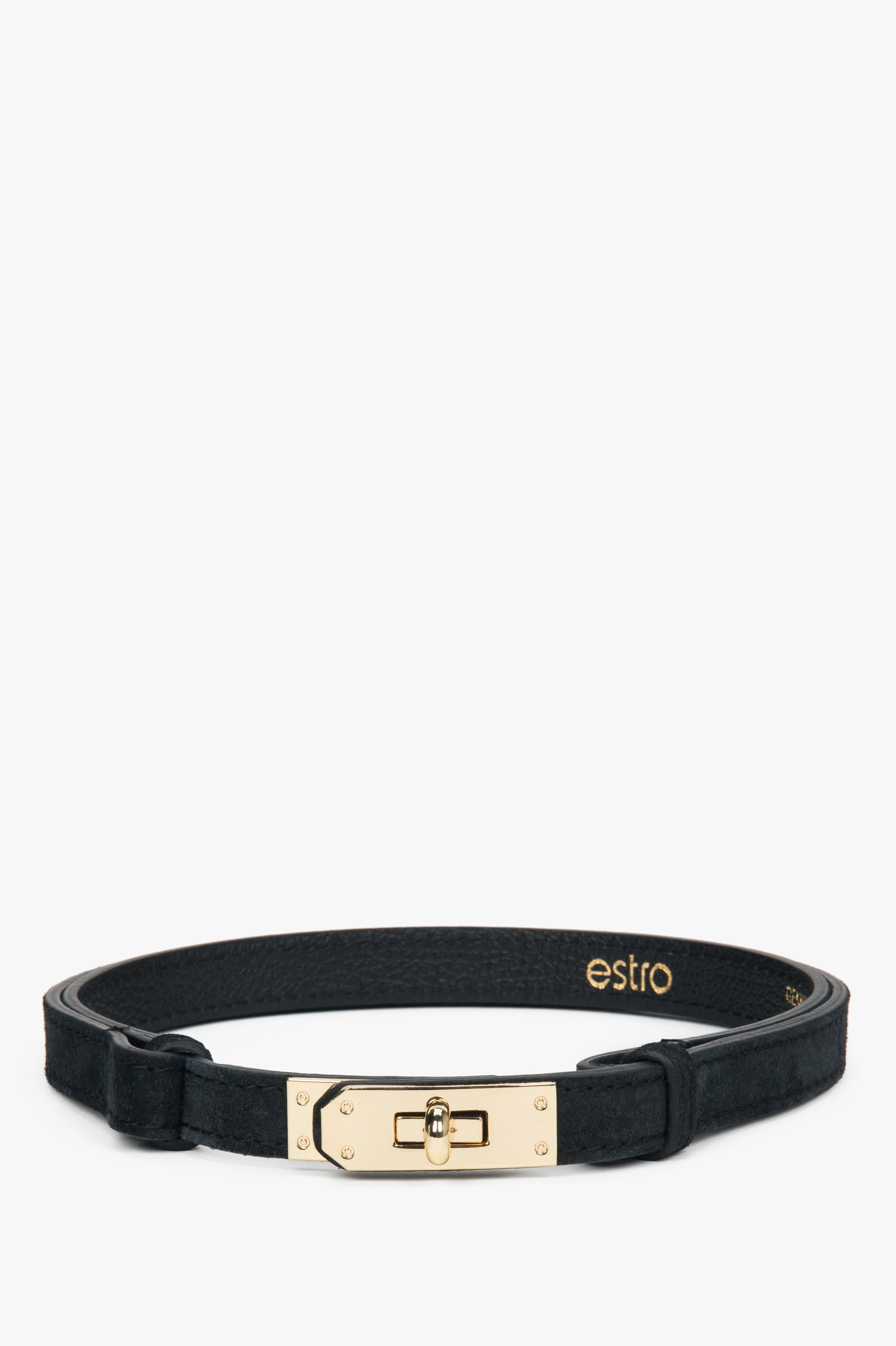 Elegancki czarny pasek damski z włoskiego weluru naturalnego Premium Estro ER00118658.