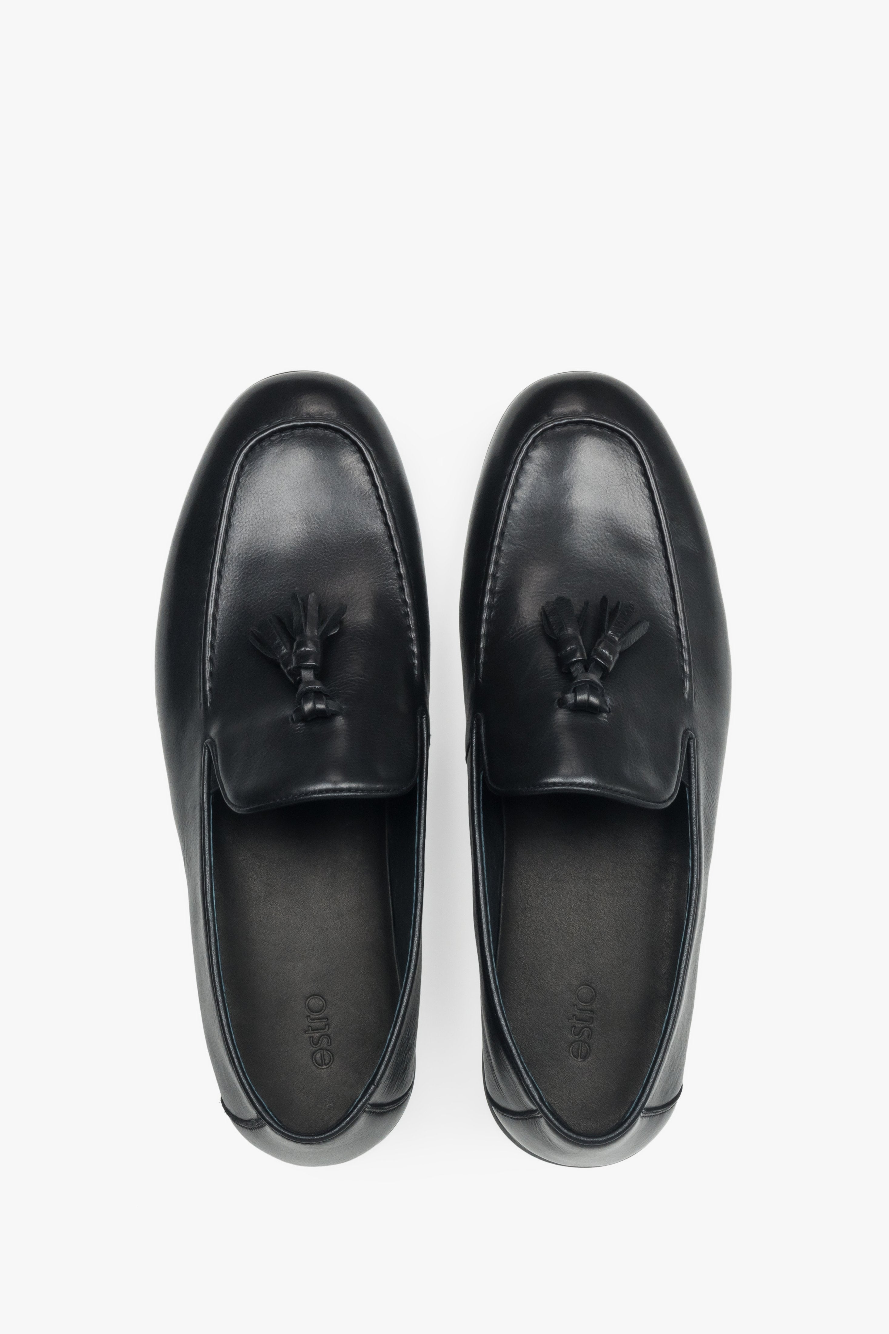 Eleganckie czarne loafersy męskie Estro, z chwostem, ze skóry naturalnej.