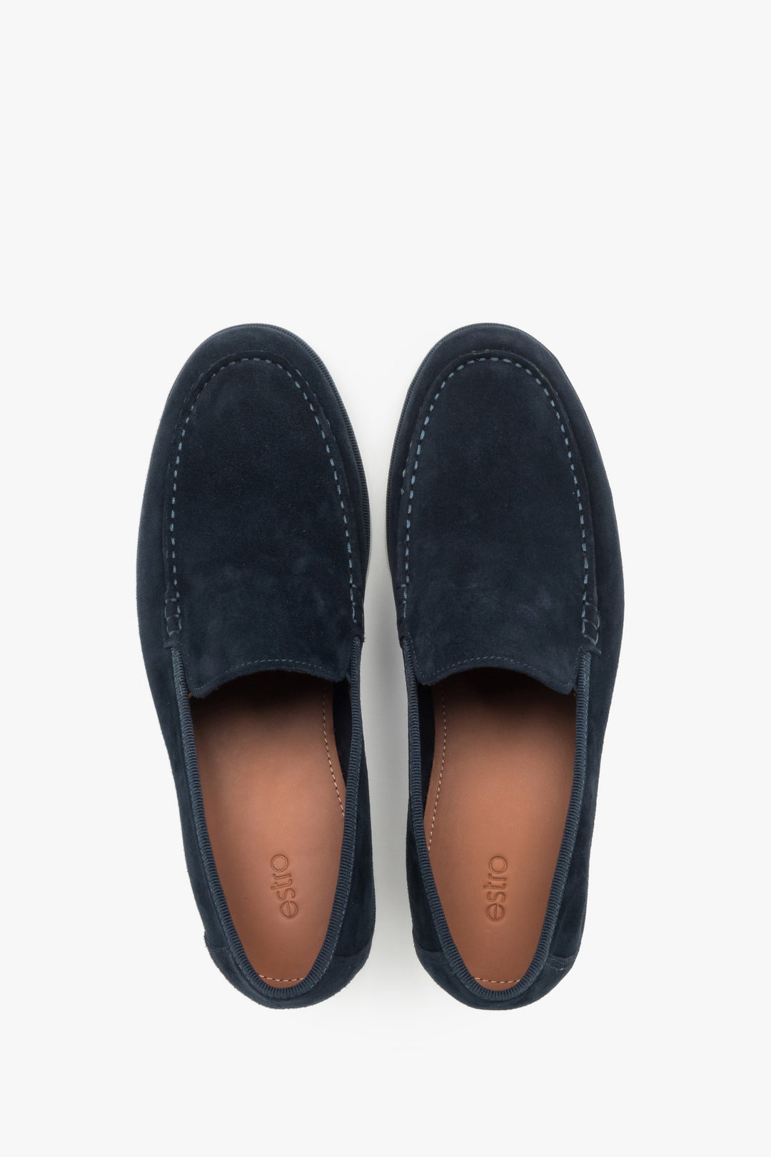 Loafersy męskie, granatowe, z weluru naturalnego, z kontrastującą podeszwą, Estro.