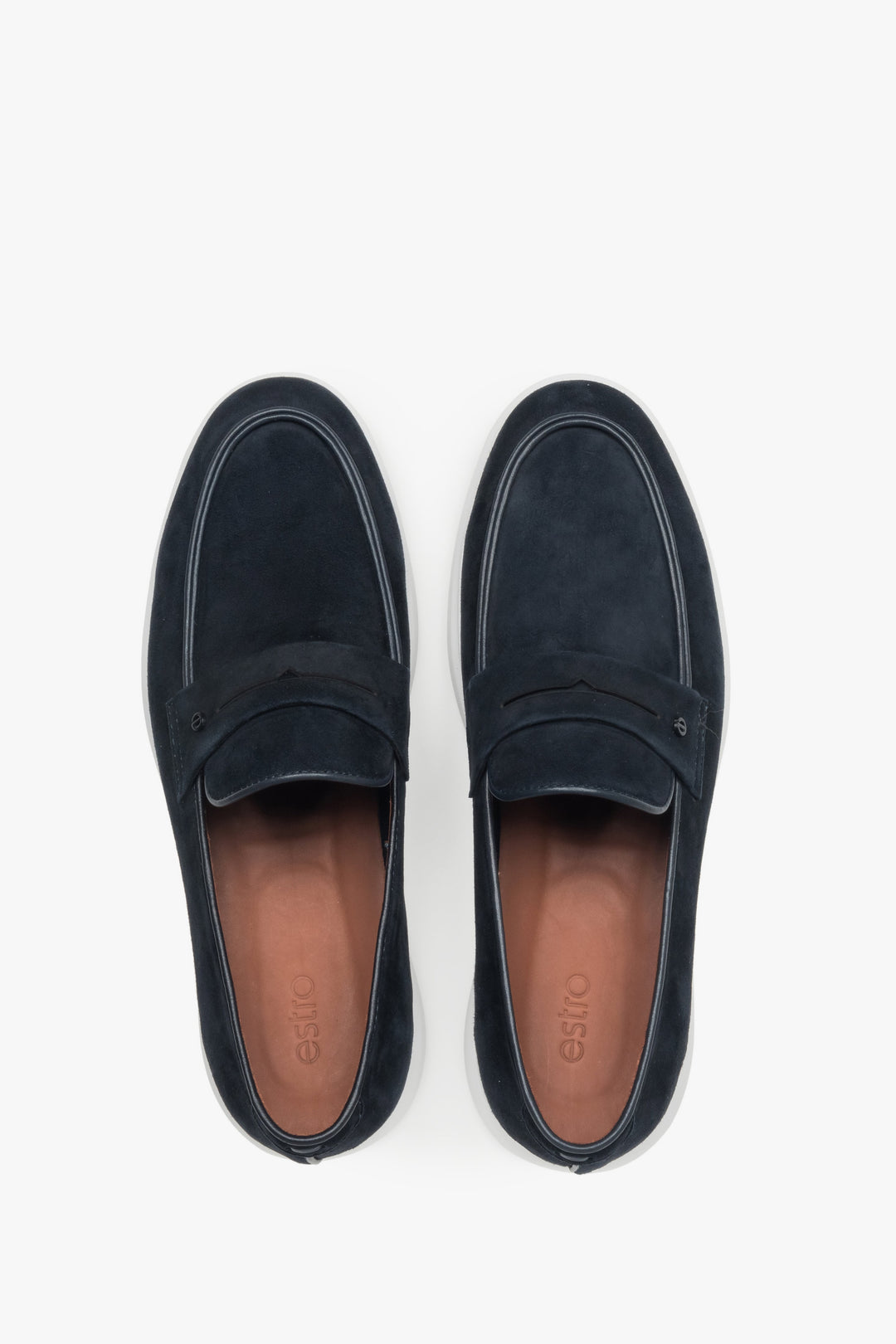 Mokasyny męskie na sprężystej podeszwie, granatowe, z weluru naturalnego, Estro.