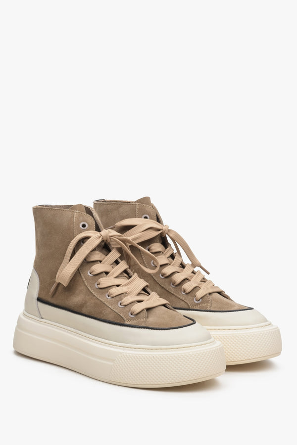 Brązowo-beżowe wysokie sneakersy damskie ze skóry i weluru Estro ER00113689
