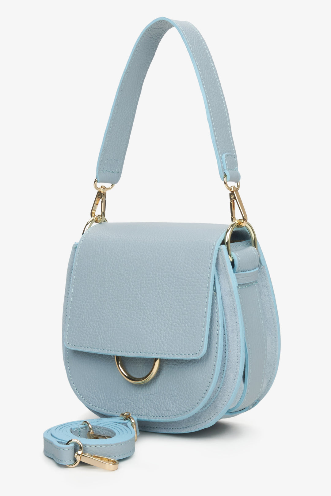 Niebieska, mała torebka damska z włoskiej skóry naturalnej na ramię z dodatkowym paskiem.