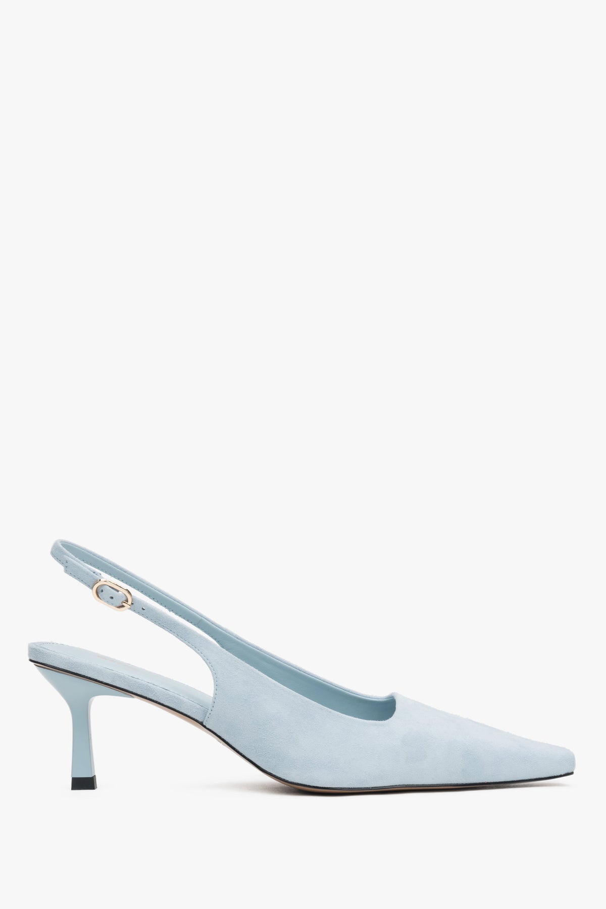Jasnoniebieskie welurowe czółenka damskie typu slingback na niskim obcasie Estro ER00117229.