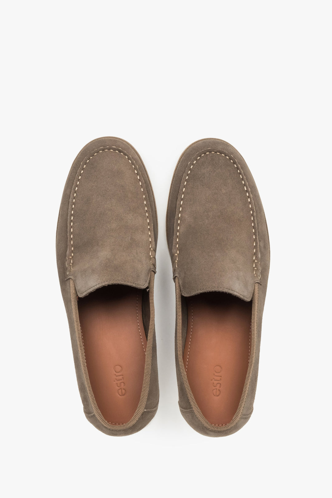 Loafersy męskie, khaki, z weluru naturalnego, z kontrastującą podeszwą, Estro.
