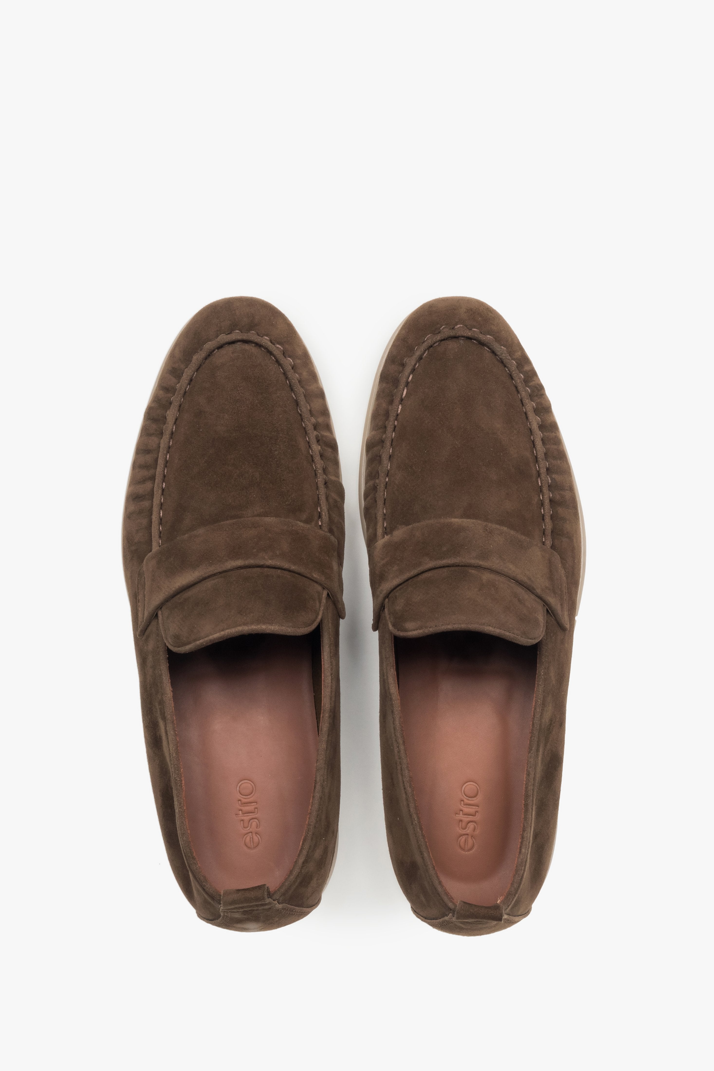 Loafersy męskie, klasyczne, ciemnobrązowe, z miękkiego weluru naturalnego, Estro.