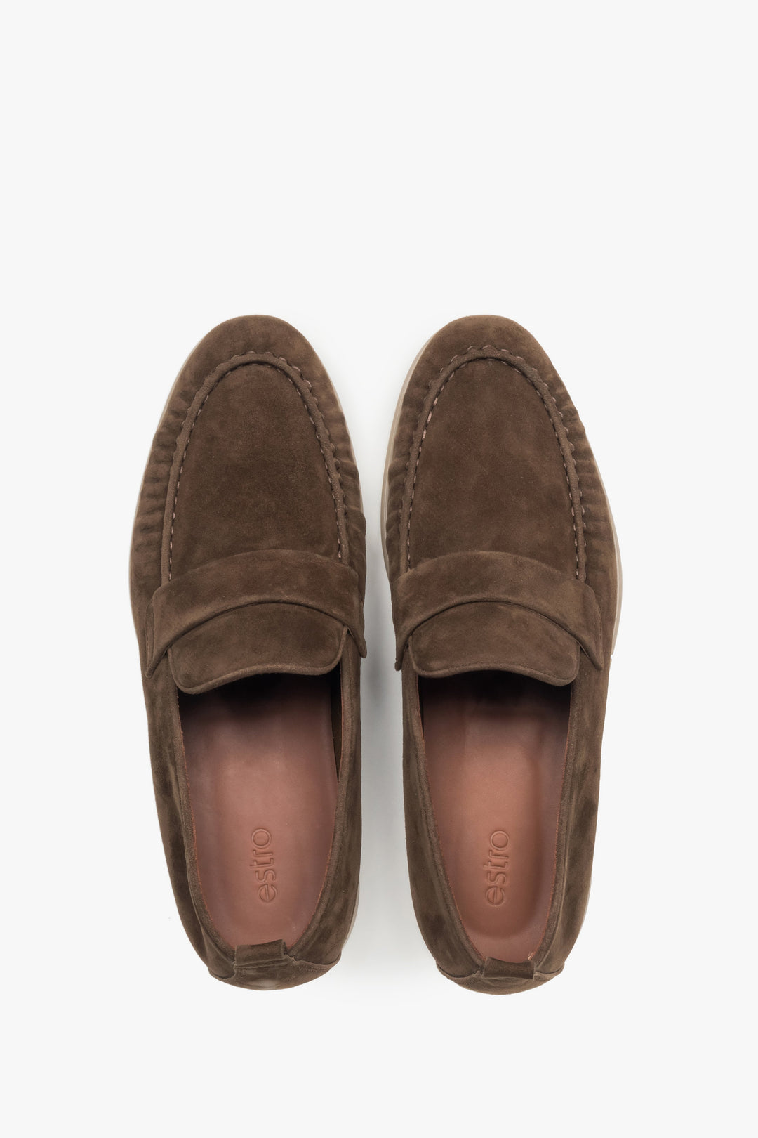 Loafersy męskie, klasyczne, ciemnobrązowe, z miękkiego weluru naturalnego, Estro.