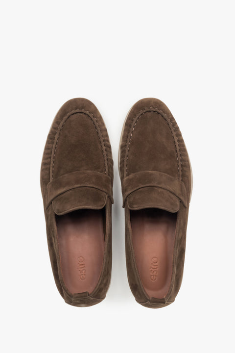 Loafersy męskie, klasyczne, ciemnobrązowe, z miękkiego weluru naturalnego, Estro.