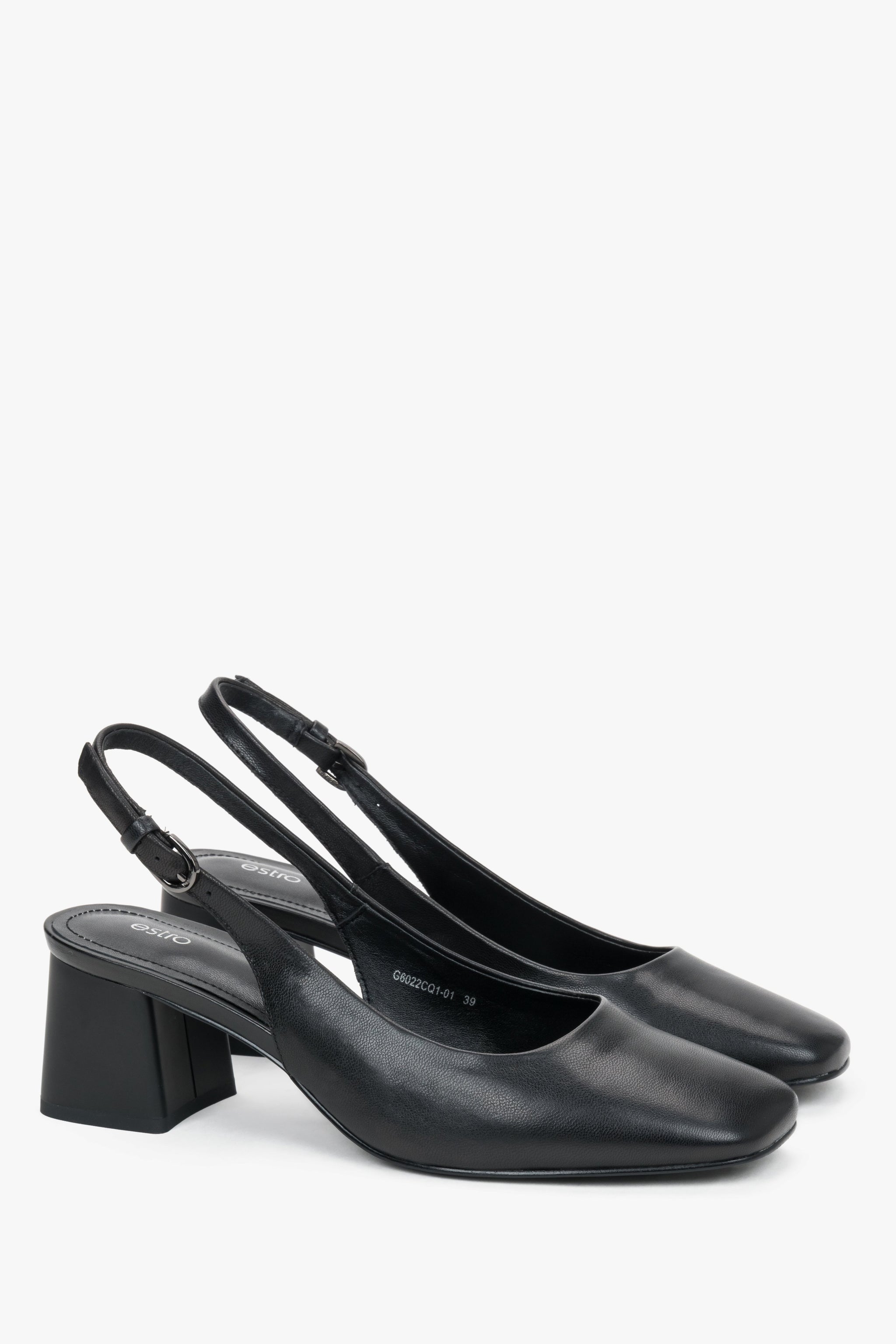 Klasyczne czarne slingbacki damskie ze skóry naturalnej na kwadratowym obcasie.