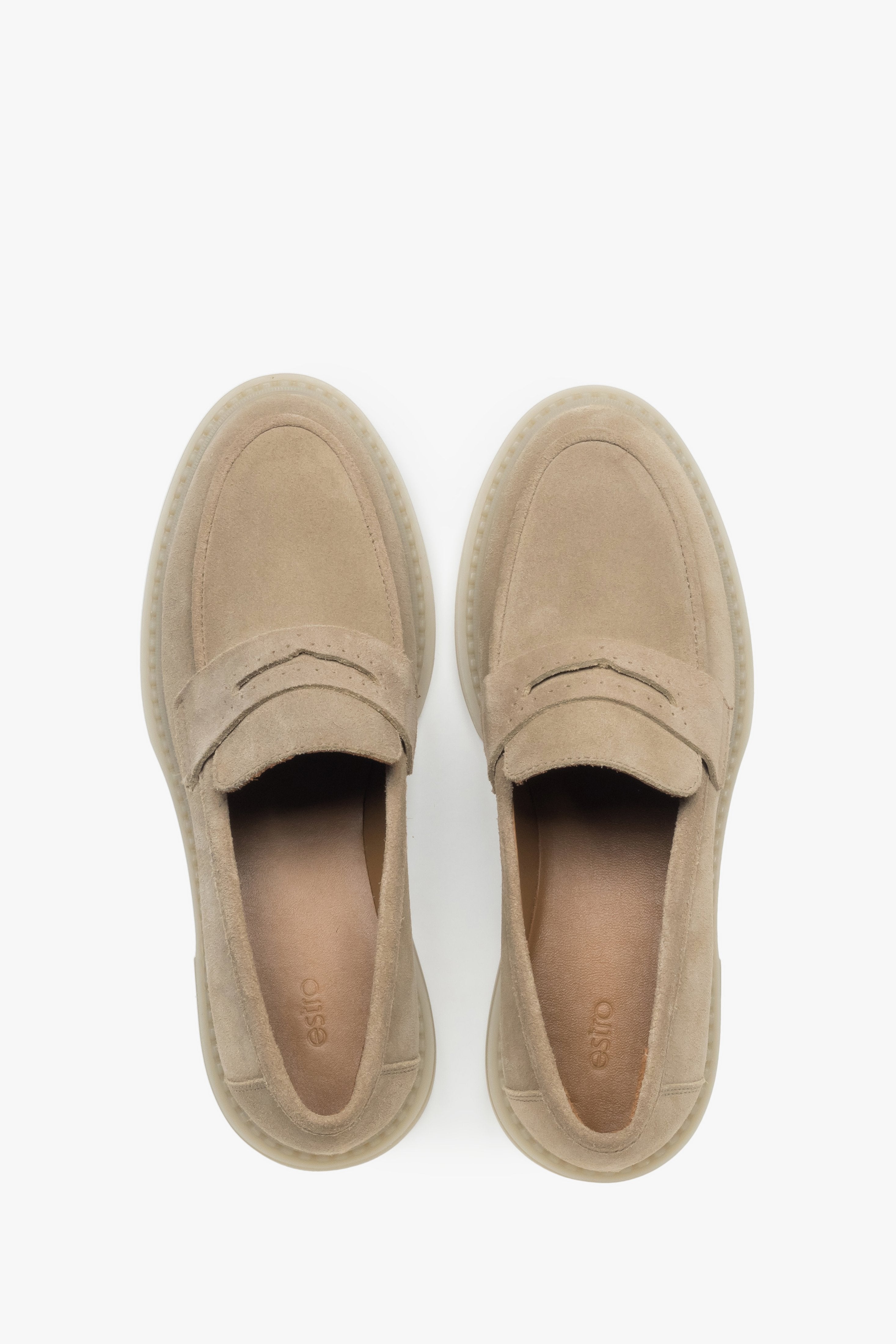 Loafersy damskie typu Penny, klasyczne, piaskowe, z włoskiego weluru naturalnego, Estro.