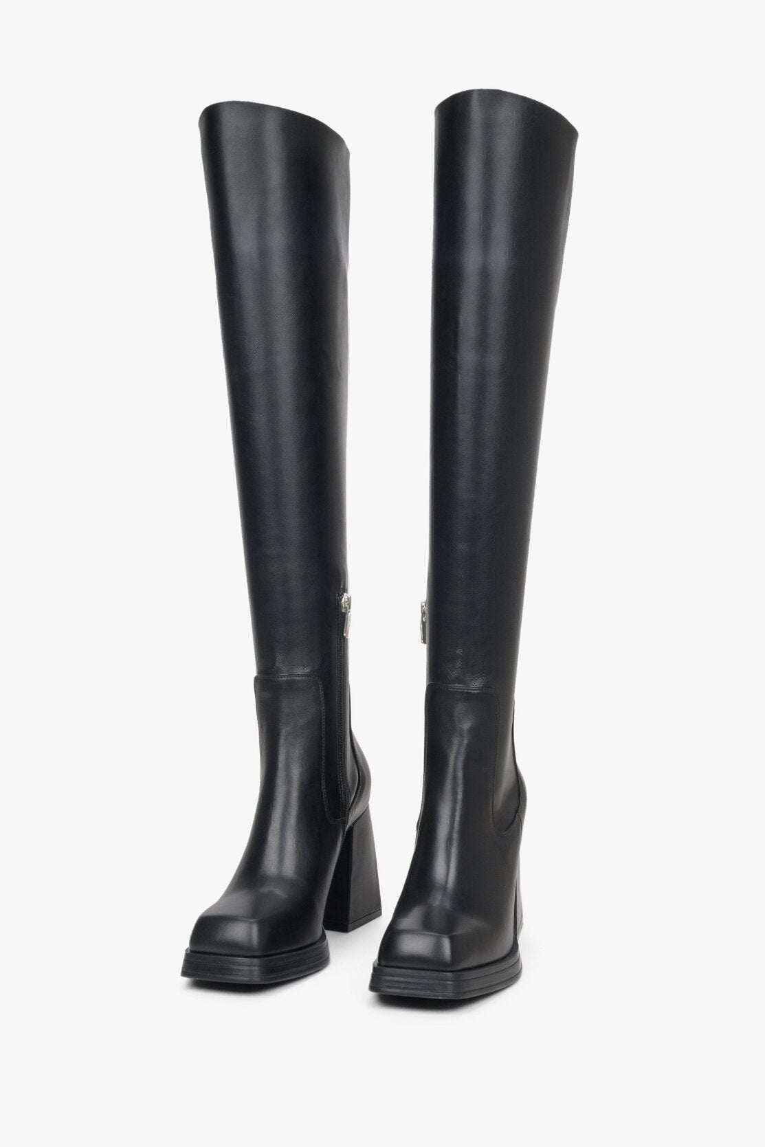 Czarne wysokie kozaki damskie na obcasie ze skóry naturalnej Estro ER00112018