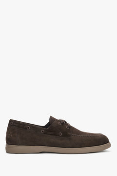 Ciemnobrązowe loafersy męskie w stylu żeglarskim z włoskiego weluru naturalnego Premium Estro ER00119619.