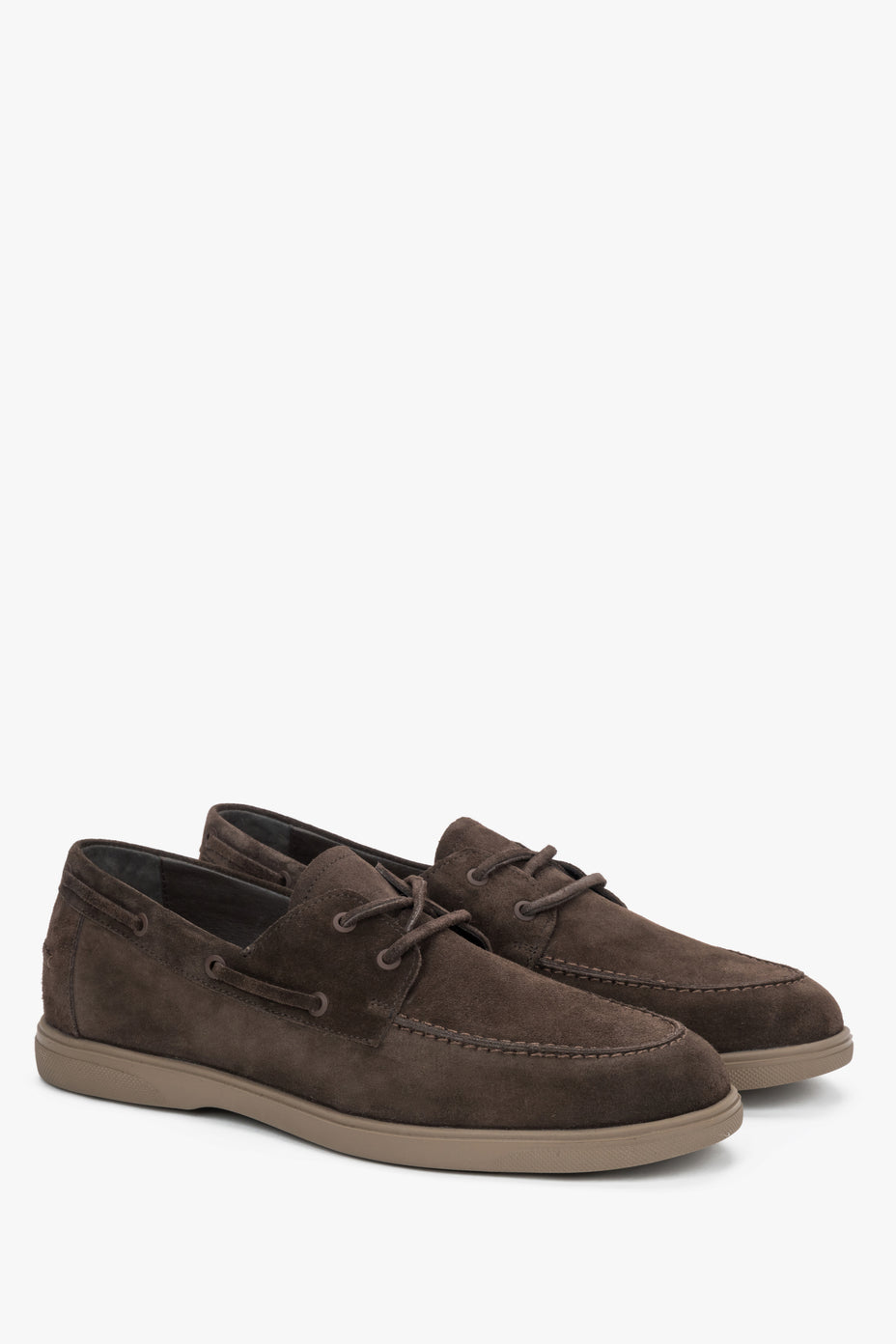 Męskie ciemnobrązowe loafersy w stylu żeglarskim z włoskiego weluru naturalnego Premium Estro.