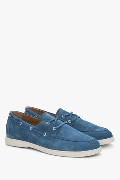 Niebieskie loafersy męskie w stylu żeglarskim z włoskiego weluru naturalnego Premium.