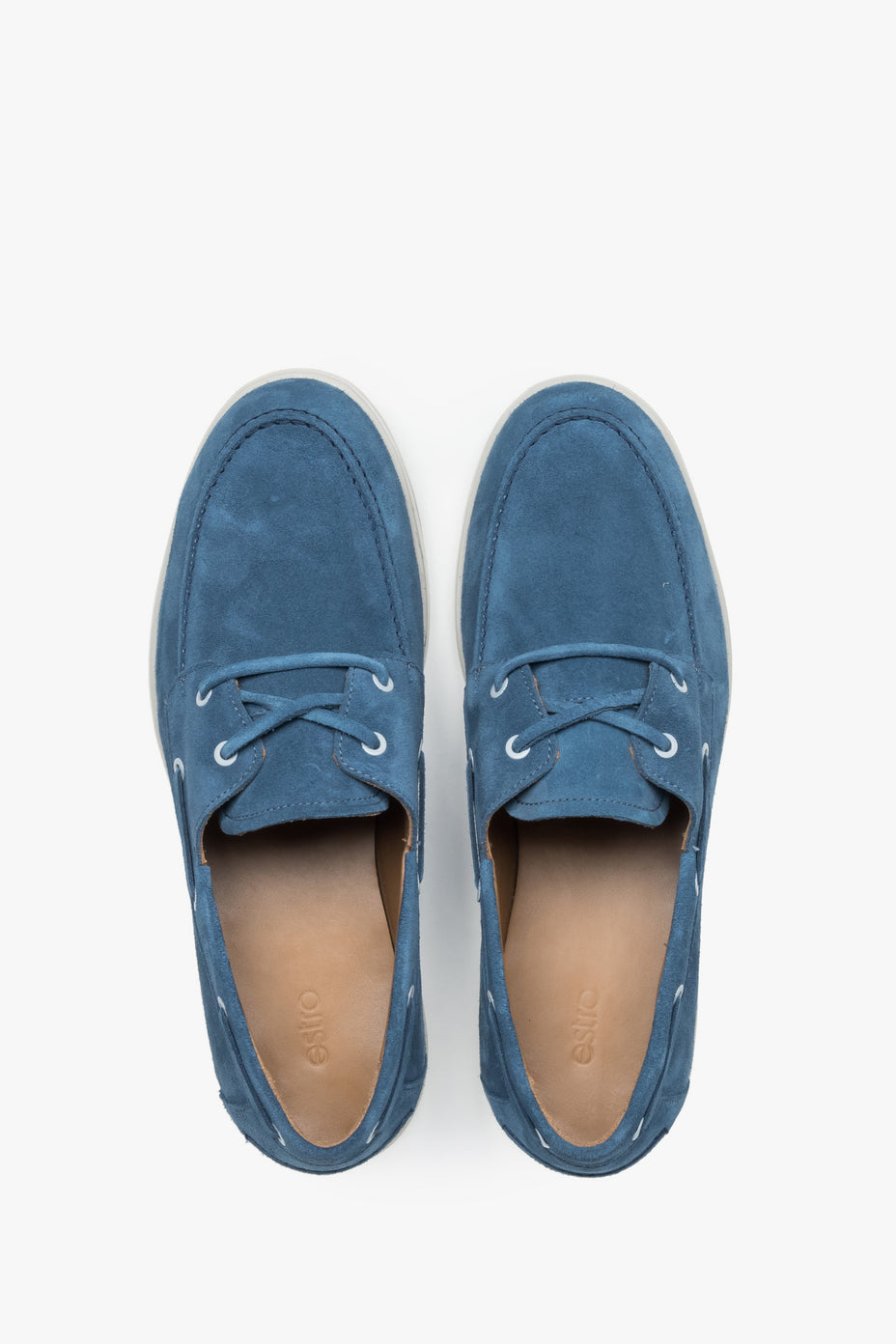 Loafersy męskie w stylu żeglarskim, niebieskie, z włoskiego weluru naturalnego Premium, Estro.