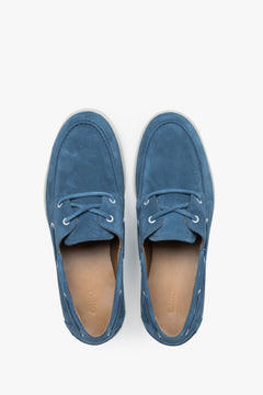 Loafersy męskie w stylu żeglarskim, niebieskie, z włoskiego weluru naturalnego Premium, Estro.