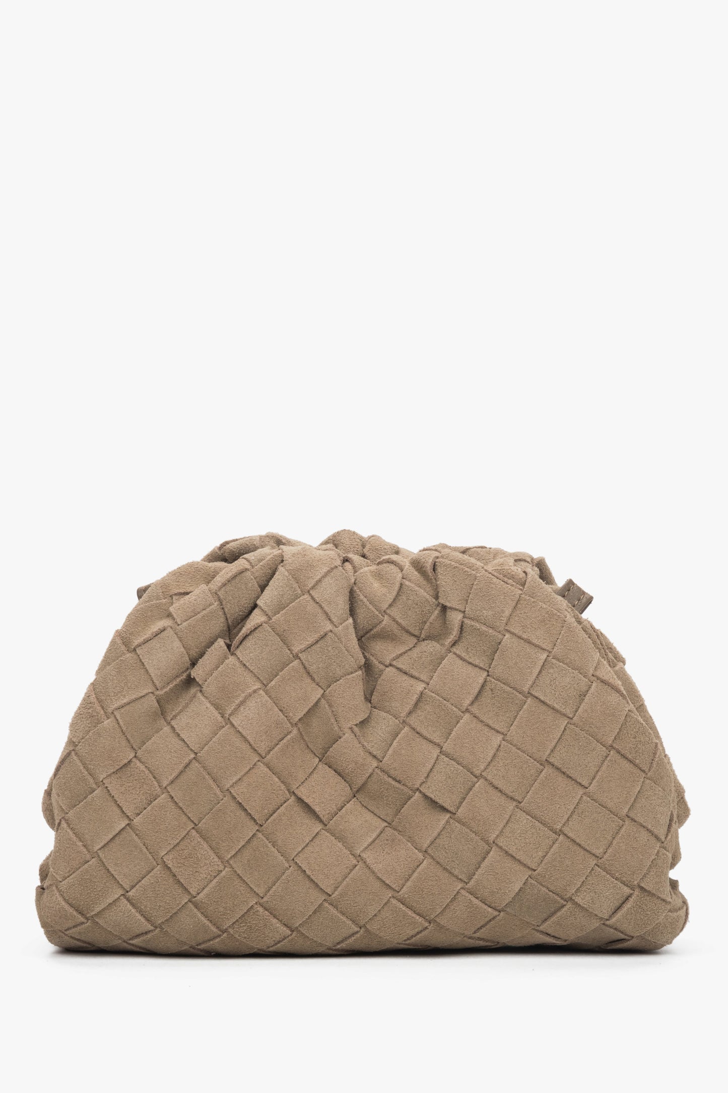 Damska mała, beżowa torebka typu worek z weluru naturalnego Estro.